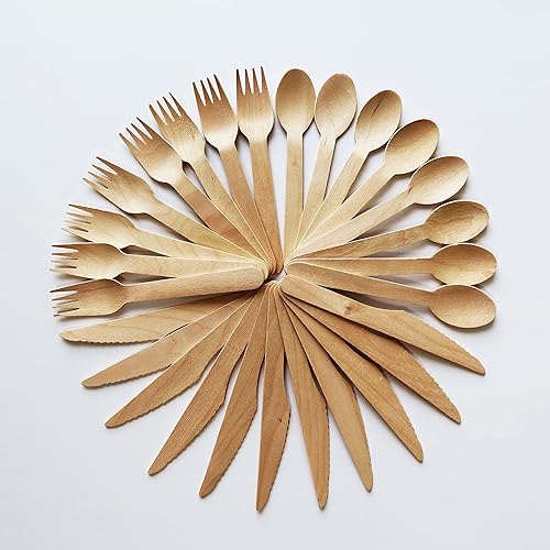 Juego de cubiertos de madera desechables ecológicos | 150 unidades - 50 tenedores, 50 cucharas, 50 cuchillos