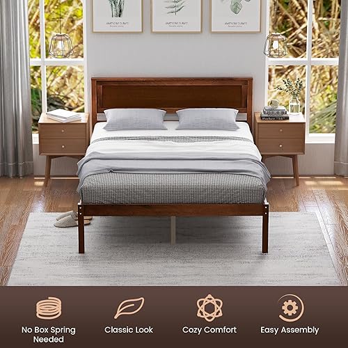 Miniatura 7 de KOMFOTT Base de cama de plataforma de madera de tamaño completo con cabecero, marco de cama de madera maciza con soporte de listones, soporte de 7