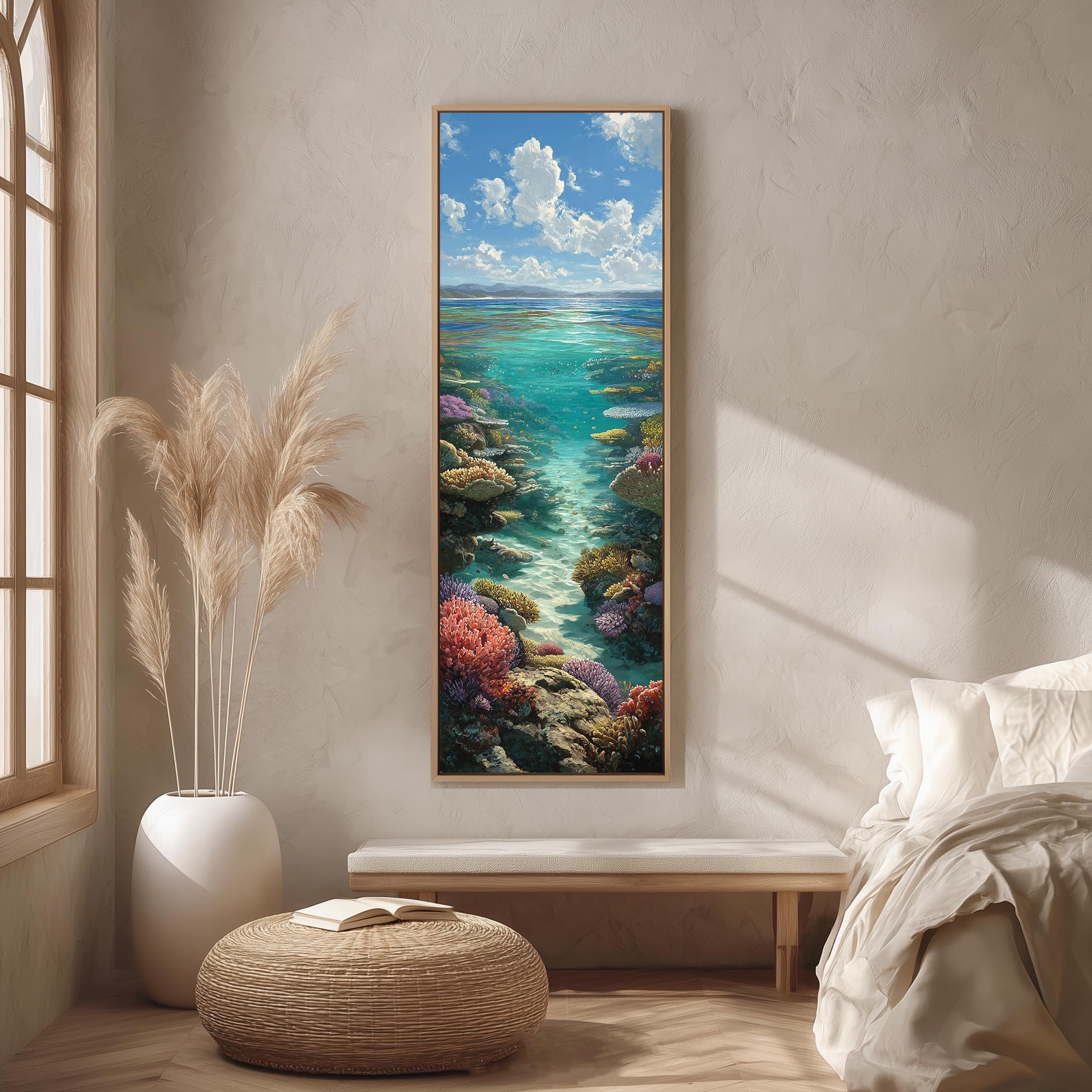 Xbtykpb Frameless Tall Coral Reef Canvas, Long Vertical Underwater Art, Narrow Ocean Print, Marine Wall Decor, Skinny Sea Scenery Painting(70X210cm/Frameless)