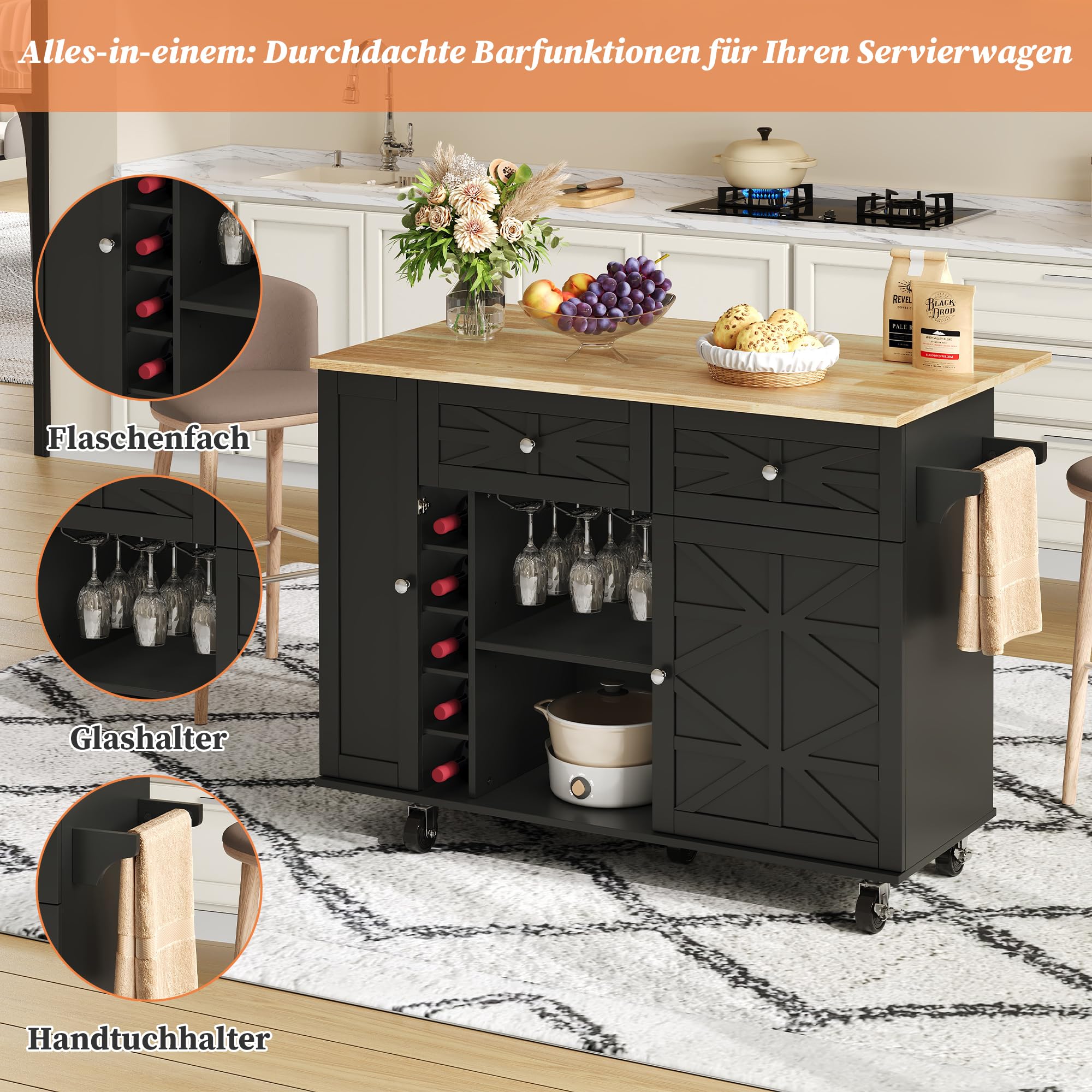 Generisch Isla de cocina plegable con ruedas, espacio de almacenamiento, color negro, 120 x 70 x 89 cm