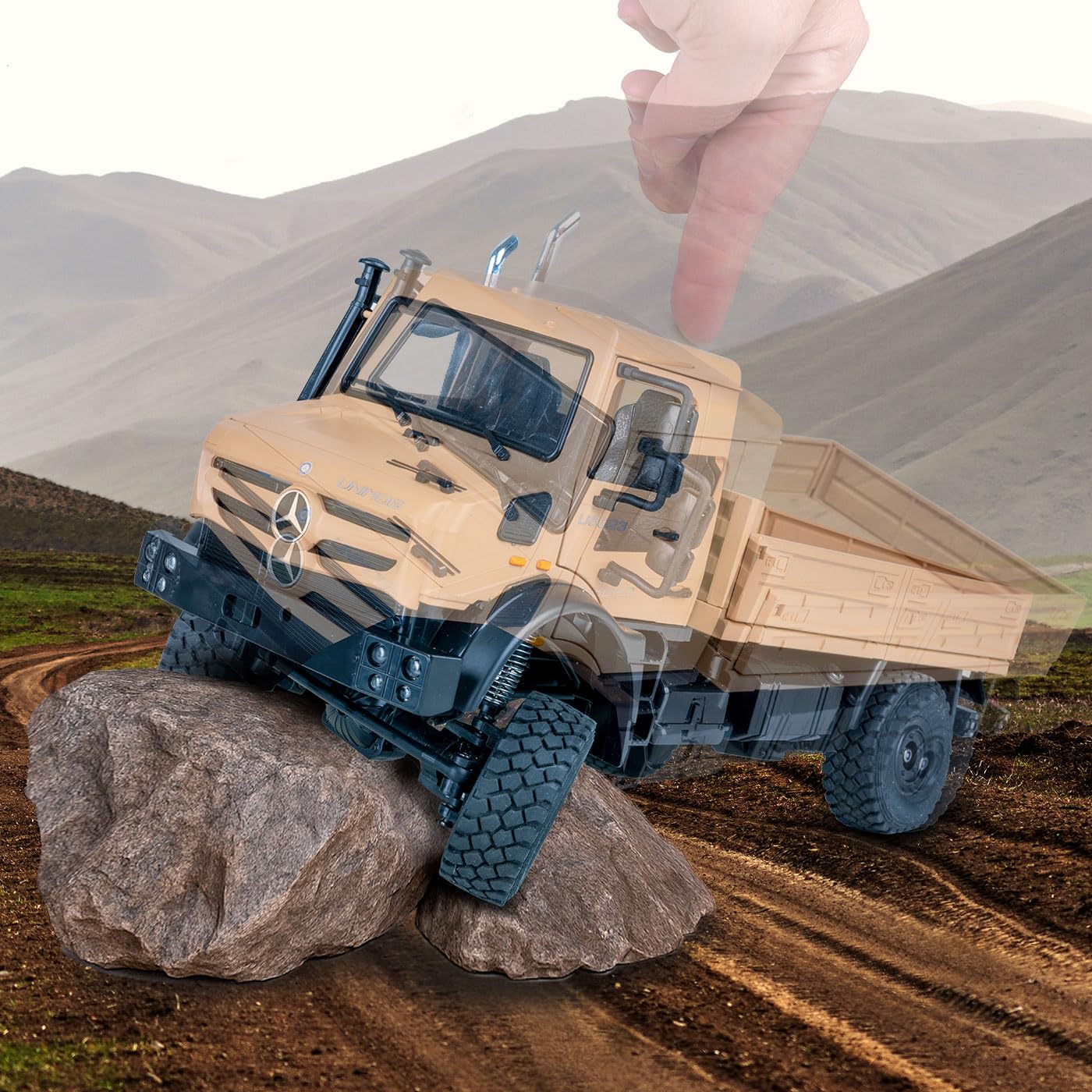 JAMARA 408310 Mercedes-Benz Unimog U5023 1:14 2,4 GHz – samochód RC Car, zdalnie sterowana ciężarówka, Crawler RC, Toy Kids, pomysł na prezent, ręczne otwieranie/zamykanie drzwi, napęd na 4 koła