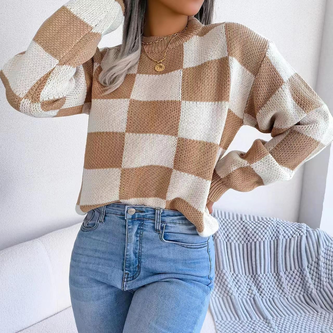 Women's Color Block Checkered Crew Neck Long Sleeve Y2K Plaid Knitted Pullover Sweater Tops Vintage Preppy Style Knitwear - Image 3