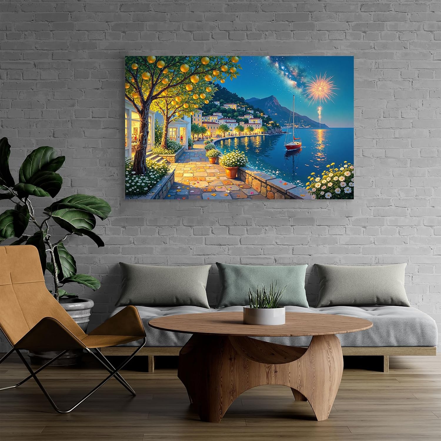 Nature Landscape Wall Art Italy Amalfi Coast Night View Canvas Print Mediterranean Coastal Aesthetic Blue Wall Decor for Living Room Bedroom Kitchen Bathroom