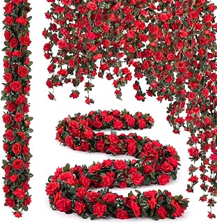 Suncalla 30 Pcs 246ft Flower Garland Artificial Vine with Green Leaves Hanging Fake Flower Vines Ivy Garlands Wall Garden Decor for Room Wedding Birthday Arch Decor (Red)