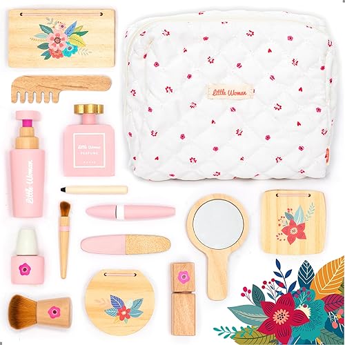 UMU Kit de maquillaje de madera para niños pequeños, juego de belleza de juguete realista para niñas con lápiz labial, espejo, perfume, polvo y