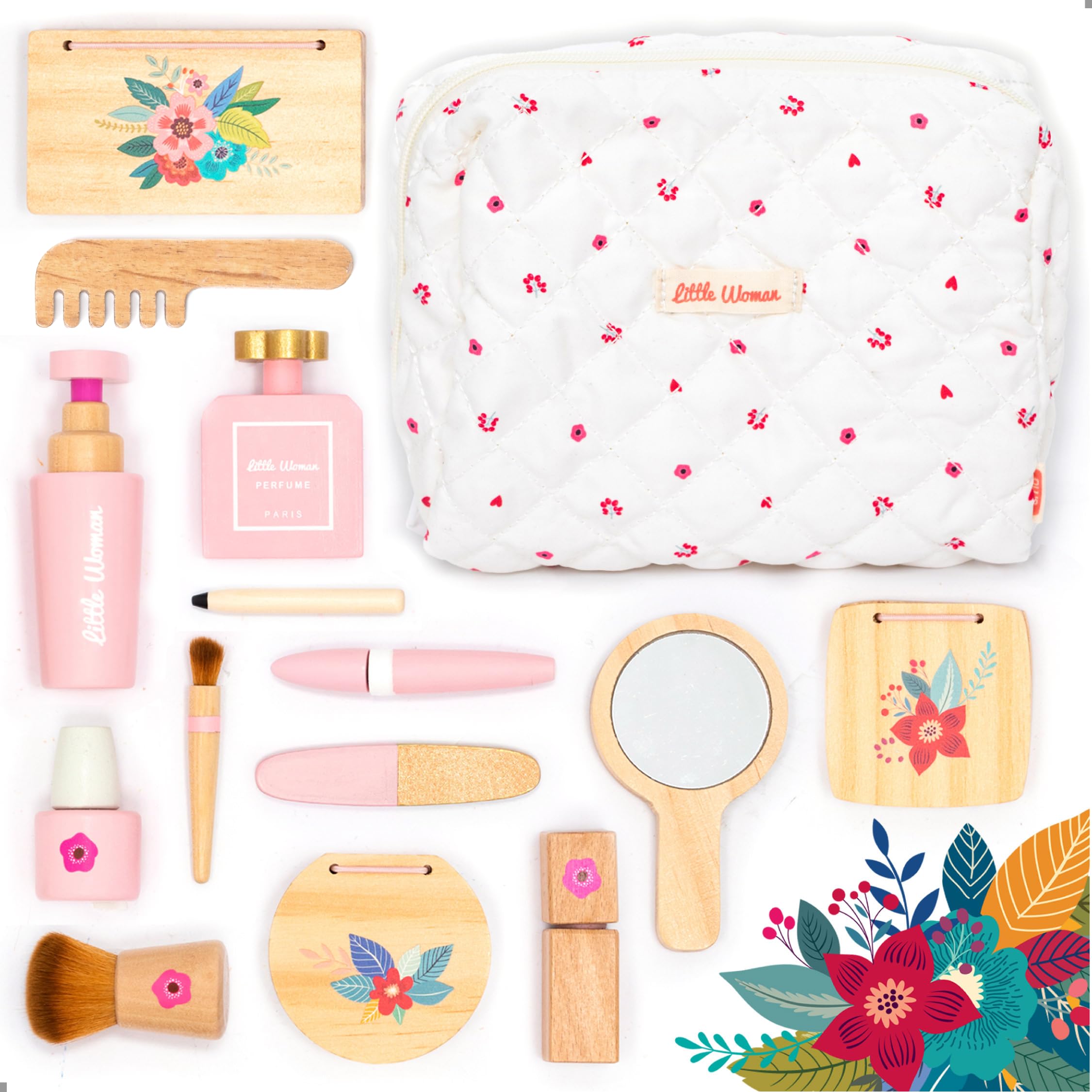 UMU® Wooden Pretend Makeup Kit for Toddlers – Realistic Toy Beauty Set for Girls with Lipstick, Mirror, Perfume, Powder & Cosmetic Bag – Play Makeup for Kids Ages 3 4 5 6