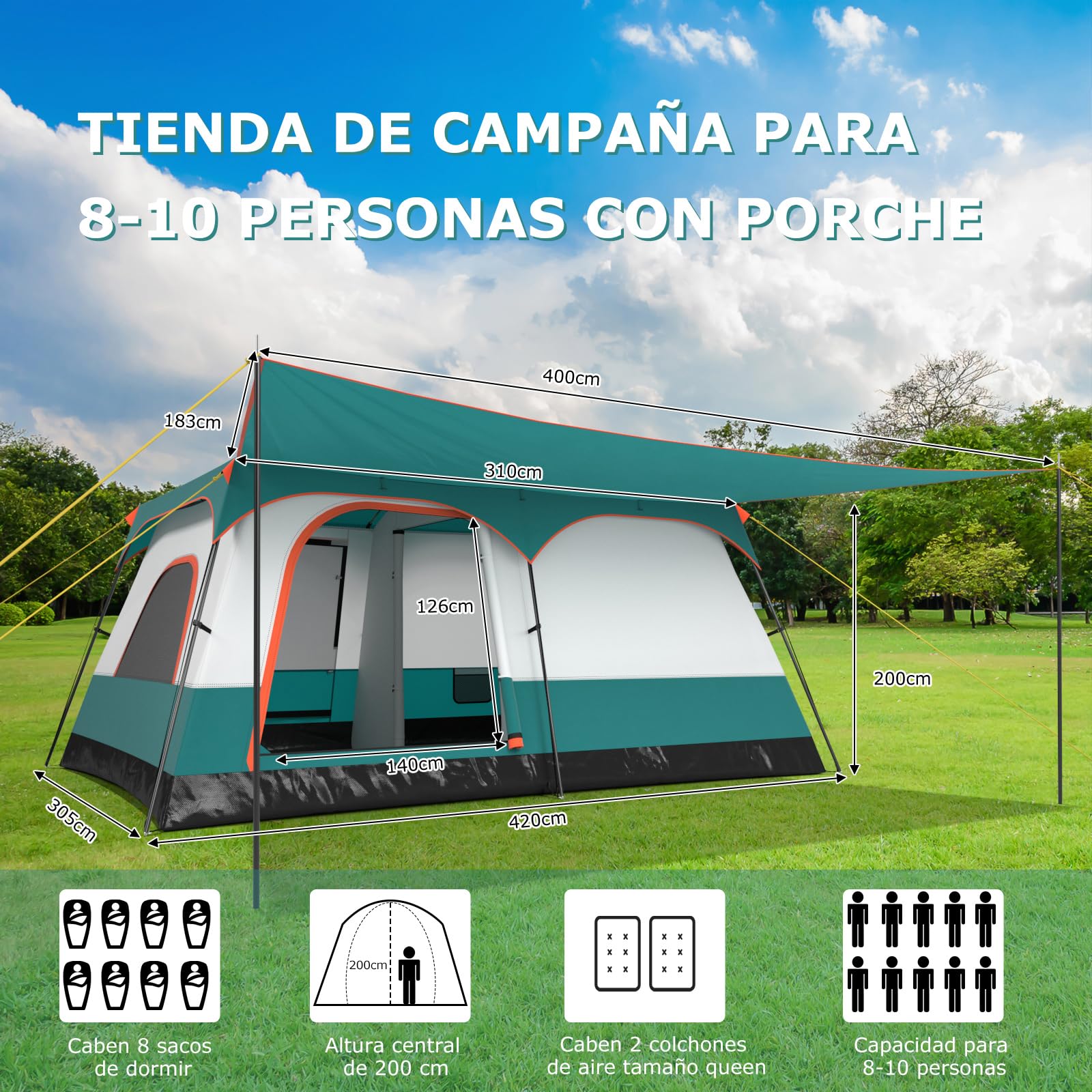 GYMAX Tienda de Campaña con Toldo para 4-6/6-8/8-10 Personas, Tienda Grande con 2 Habitaciones, 2 Puertas, 2 Ventanas, Techo Doble Desmontable y Bolsa de Transporte, Ideal para Camping, Picnics
