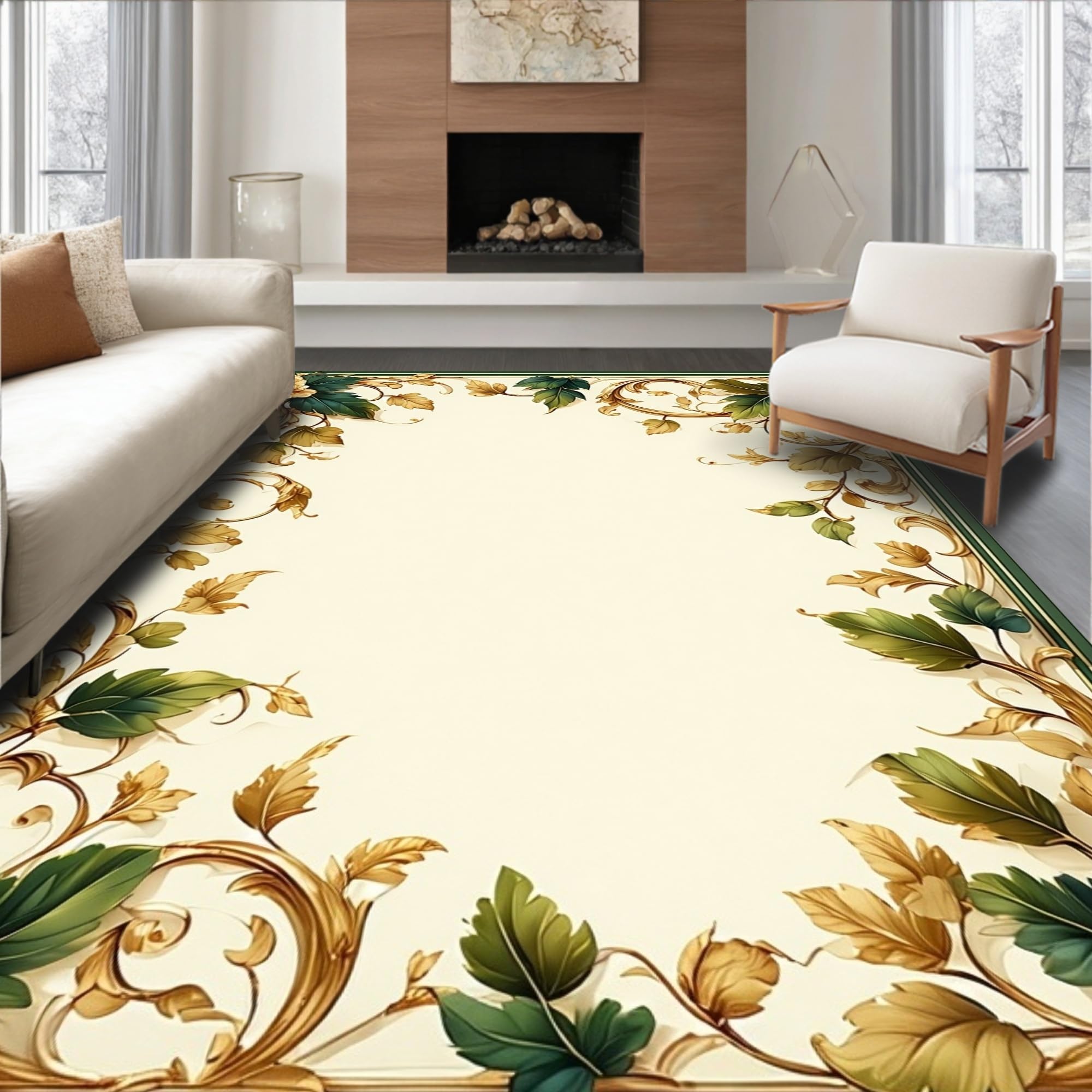 Low Pile Flatwoven Area Rug 2x3, Classical Leaf Scrollwork with Layered Botanical Embellishments, Machine Washable, Stain Resistant Indoor Rug for Living Room, Bedroom, Non Slip(Gold, 2x3)