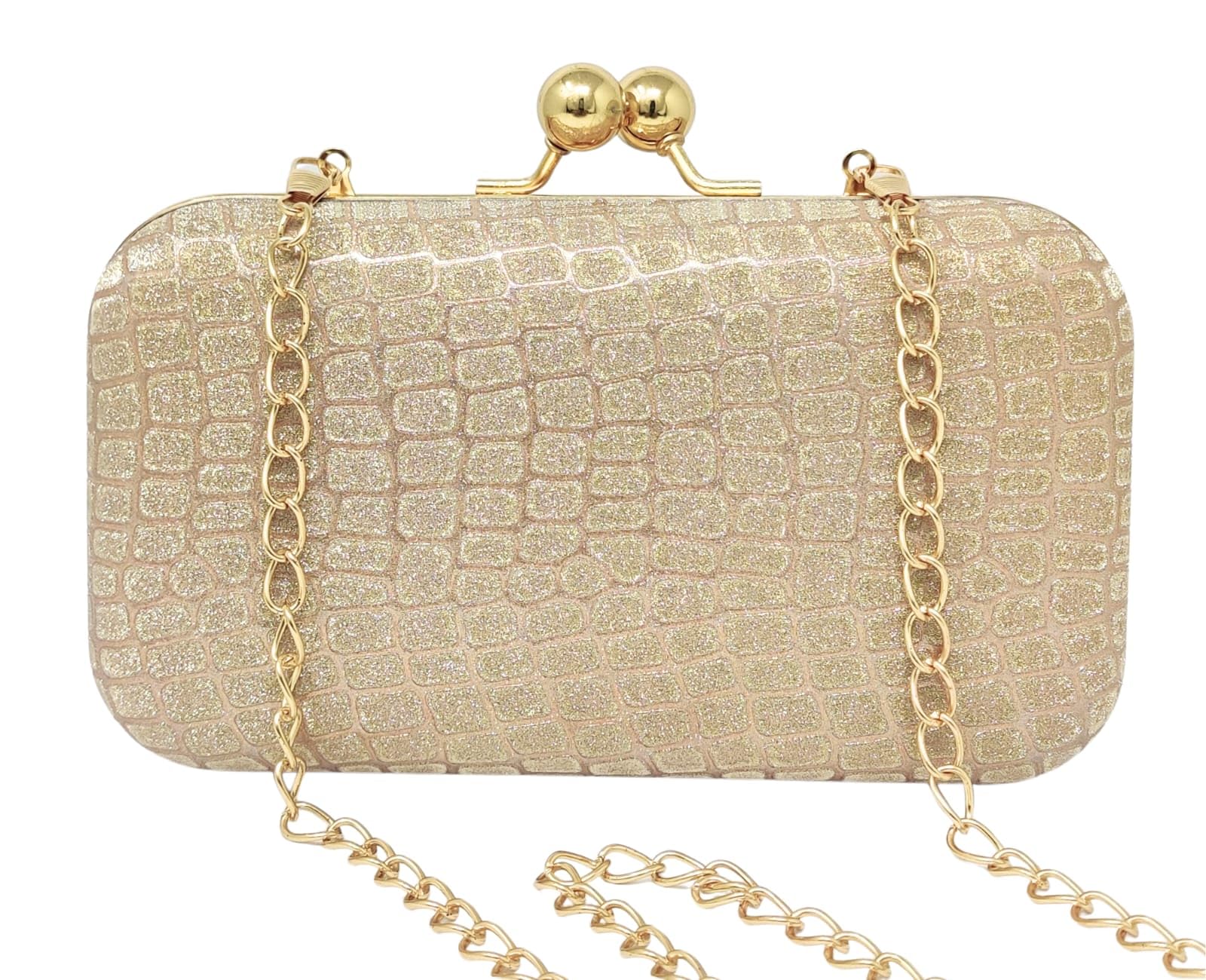 Women’s Gold Crocodile Texture Evening Clutch Bag – Hard Case Party Purse with Metal Handle & Chain Strap-picture-15