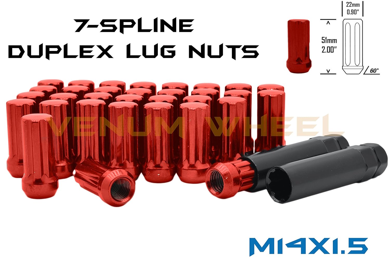 20pc Duplex 7 Spline 14x1.5 Lug Nuts Red | 2007-2017 Dodge Charger Set Includes 2 Key Sockets | 2014-2017 Durango Limited