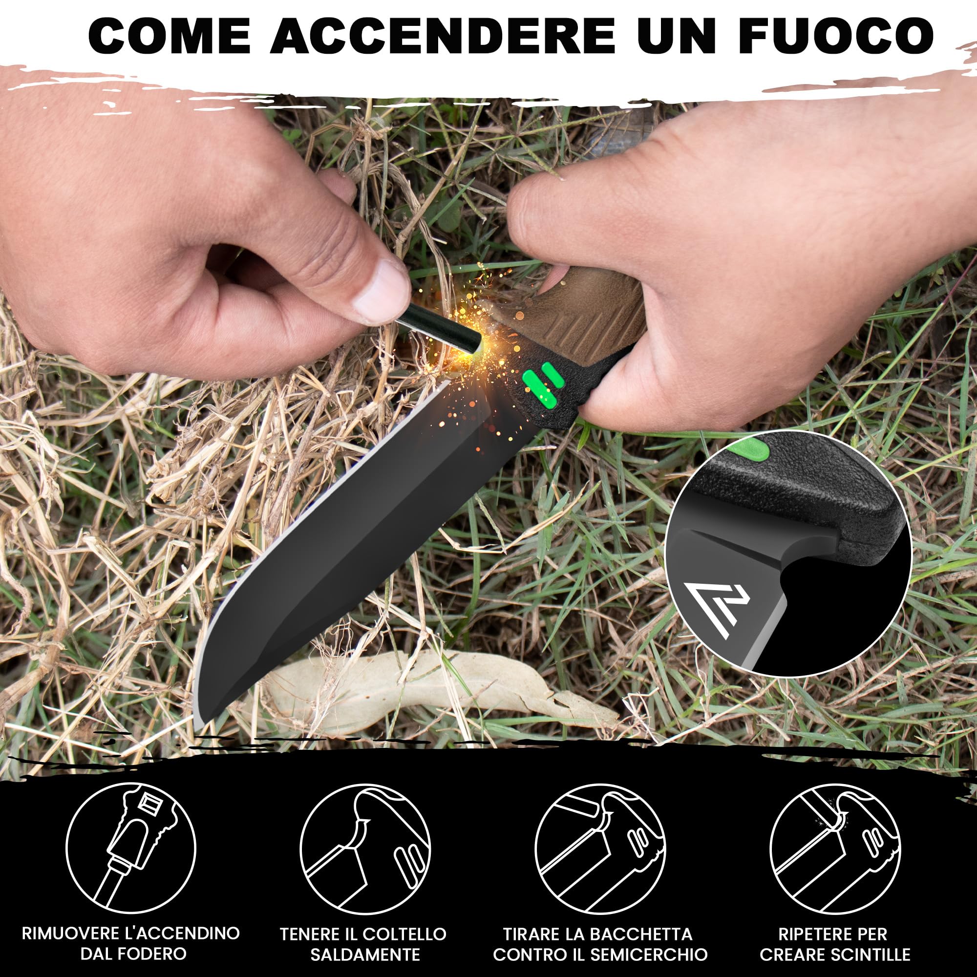 naifu® - The Hunter X - MARONNE - Coltello sopravvivenza a lama fissa da 12 cm in acciaio inossidabile - Coltello da caccia - Sopravvivenza - Bushcraft - Accendino e affilatore inclusi