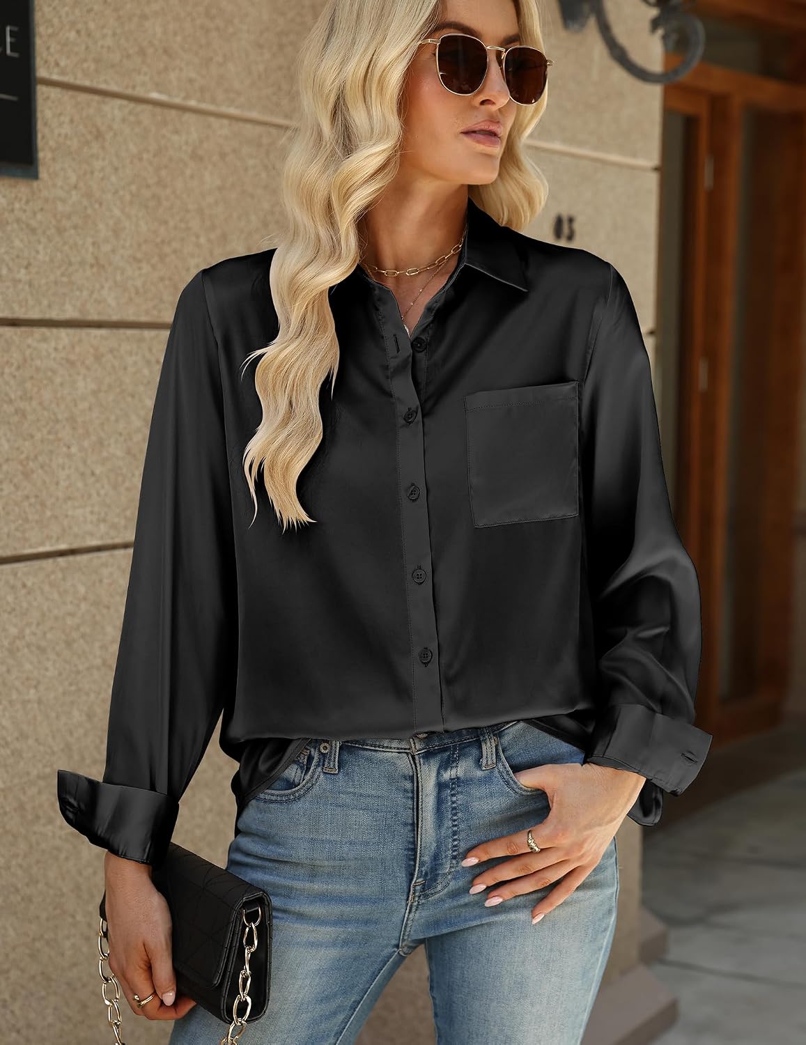 Zeagoo Womens Tops Satin Blouse Long Sleeve Shirts V Neck Dressy Casual | Button Down Business Outfits Fall Fashion With Pockets