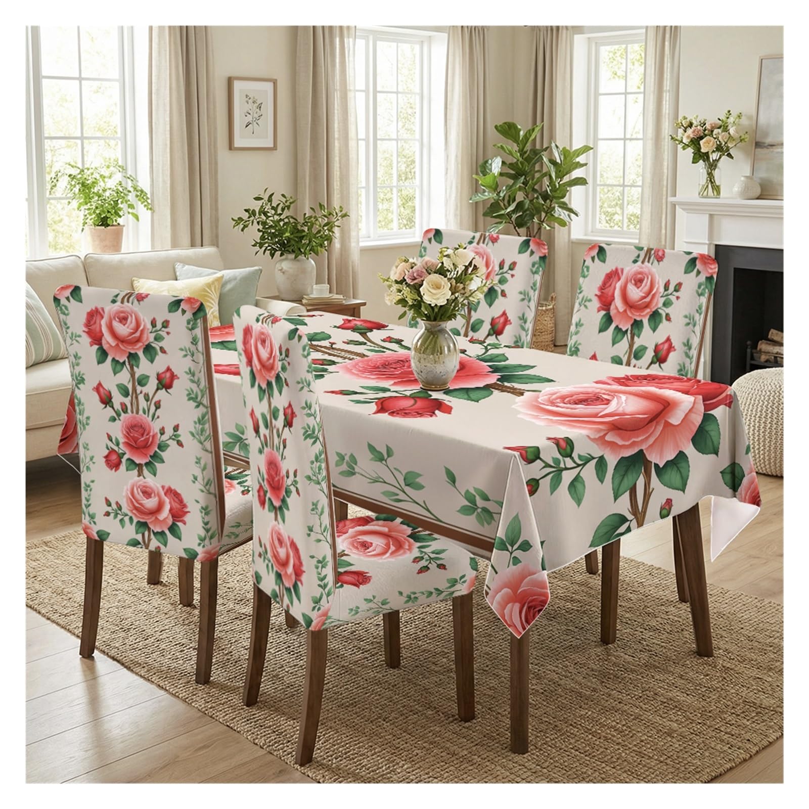 Housses de chaise extensibles et nappe imprimé roses lot 7 pièces cuisine
