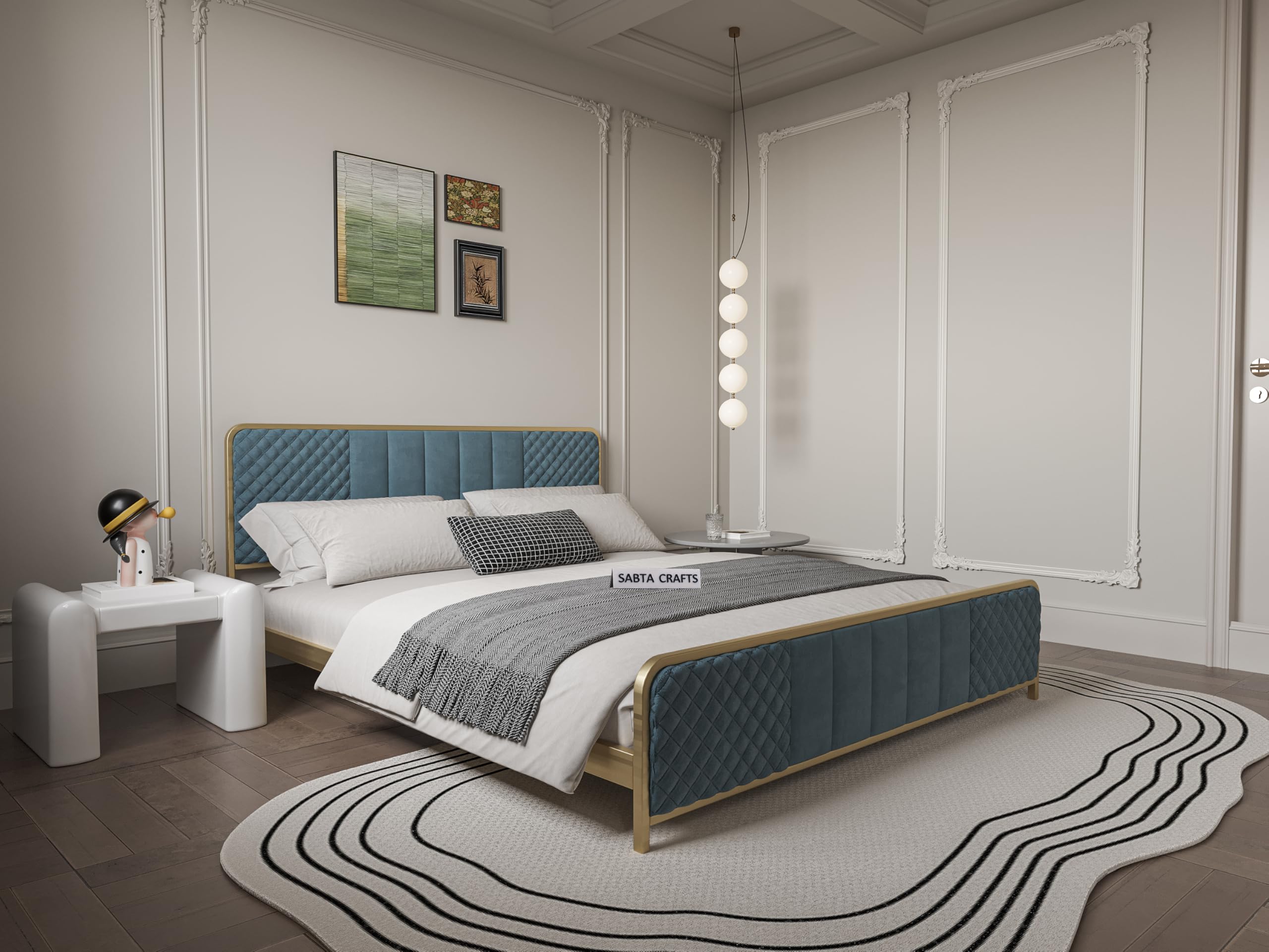 WOODESTY CRAFT Modern Upholstered King Size Bed for Bedroom | Metal Double Bed | Platform Cot Bed with Upholstery Premium Fabric | 6.5 x 6 Ft | Powder Coated Metal Bed | Turquise-image-28