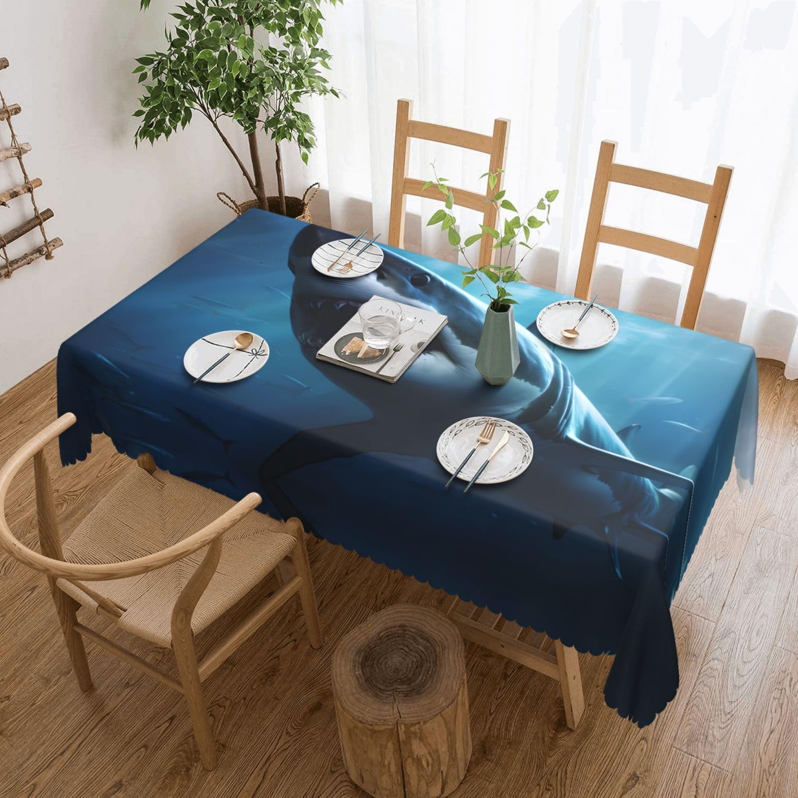 Nappe carrée en polyester lavable et réutilisable motif requin blanc