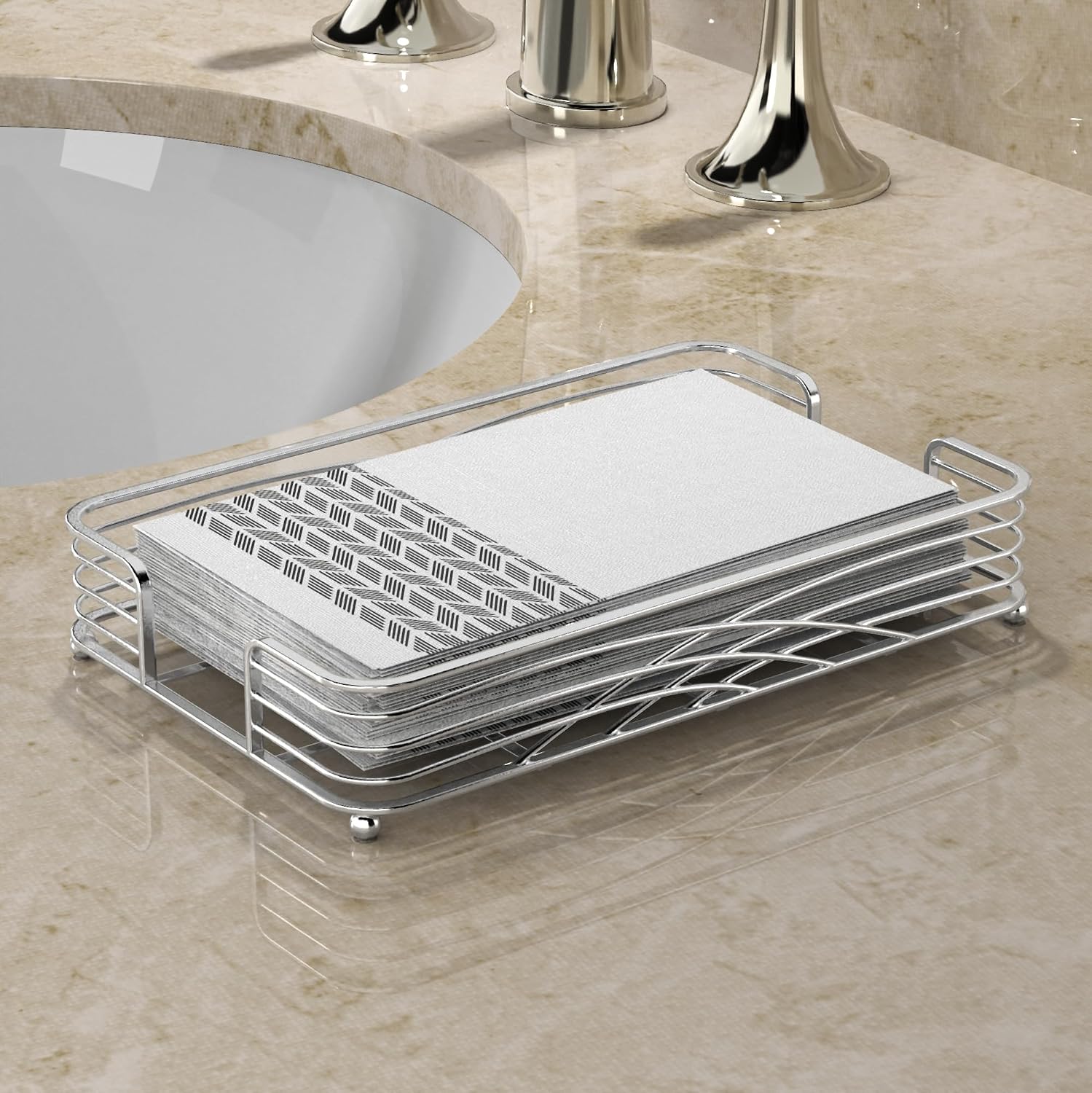 Guest Towel Holder Tray for Bathroom Countertop, Silver Metal image 2