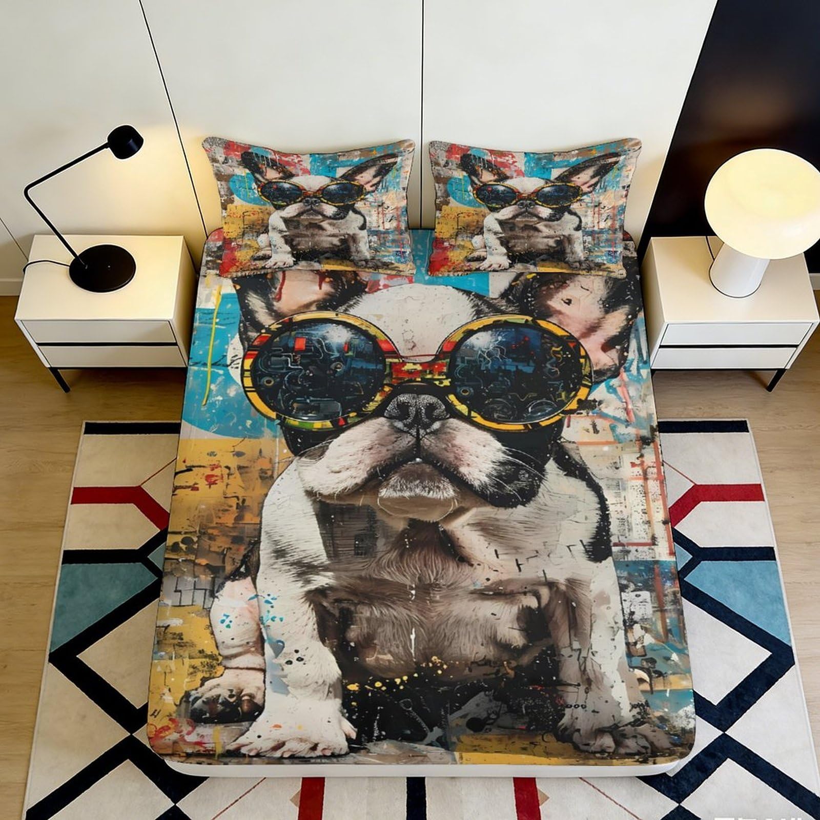 3D Printed French Bulldog Fitted Sheet Microfiber Colorful Sunglasses Dog Mattress Cover for Bedroom Guest Room Decor 90x200x25cm