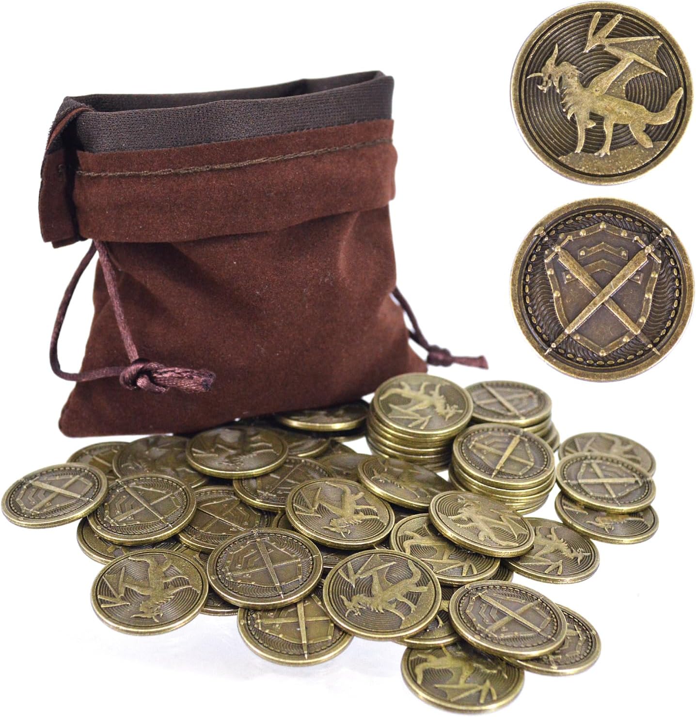 Vintage Tabletop Role-Playing Game Metal Coins and Storage Bag — Includes 100 Dragon-Themed Coins (Featuring Dragon and Sword/Shield Designs)