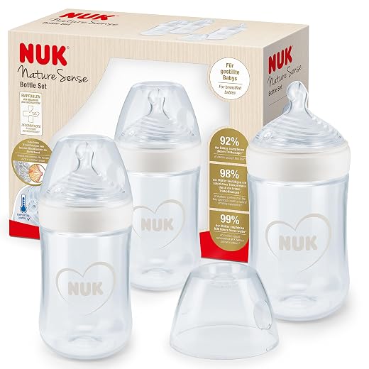 NUK Nature Sense biberones | 0-6 meses | 260 ml | Tetina de silicona con válvula anticólicos | Control de temperatura | Sin BPA | Gris y blanca | 3 unidades