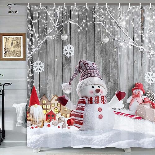 Miniatura 2 de Cortina de ducha de muñeco de nieve de Navidad, bola de Navidad de copo de nieve de invierno, tablero de madera rústica, decoración del hogar,