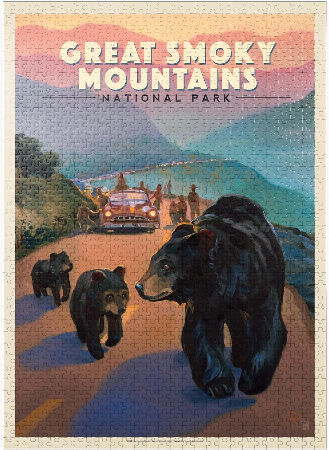 MyPuzzle Great Smoky Mountains National Park: Bear Jam, Vintage Poster - Premium 1000 Piece Jigsaw Puzzle for Adults