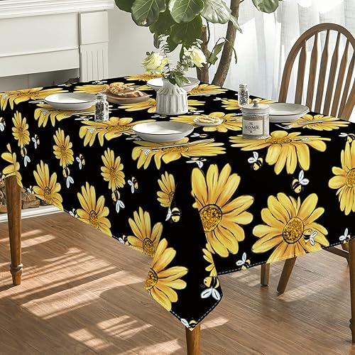 Miniatura 3 de Horaldaily Mantel de verano rectangular de 60 x 104 pulgadas, color amarillo, girasol, abejorro, negro, otoño, lavable, para fiesta, picnic,