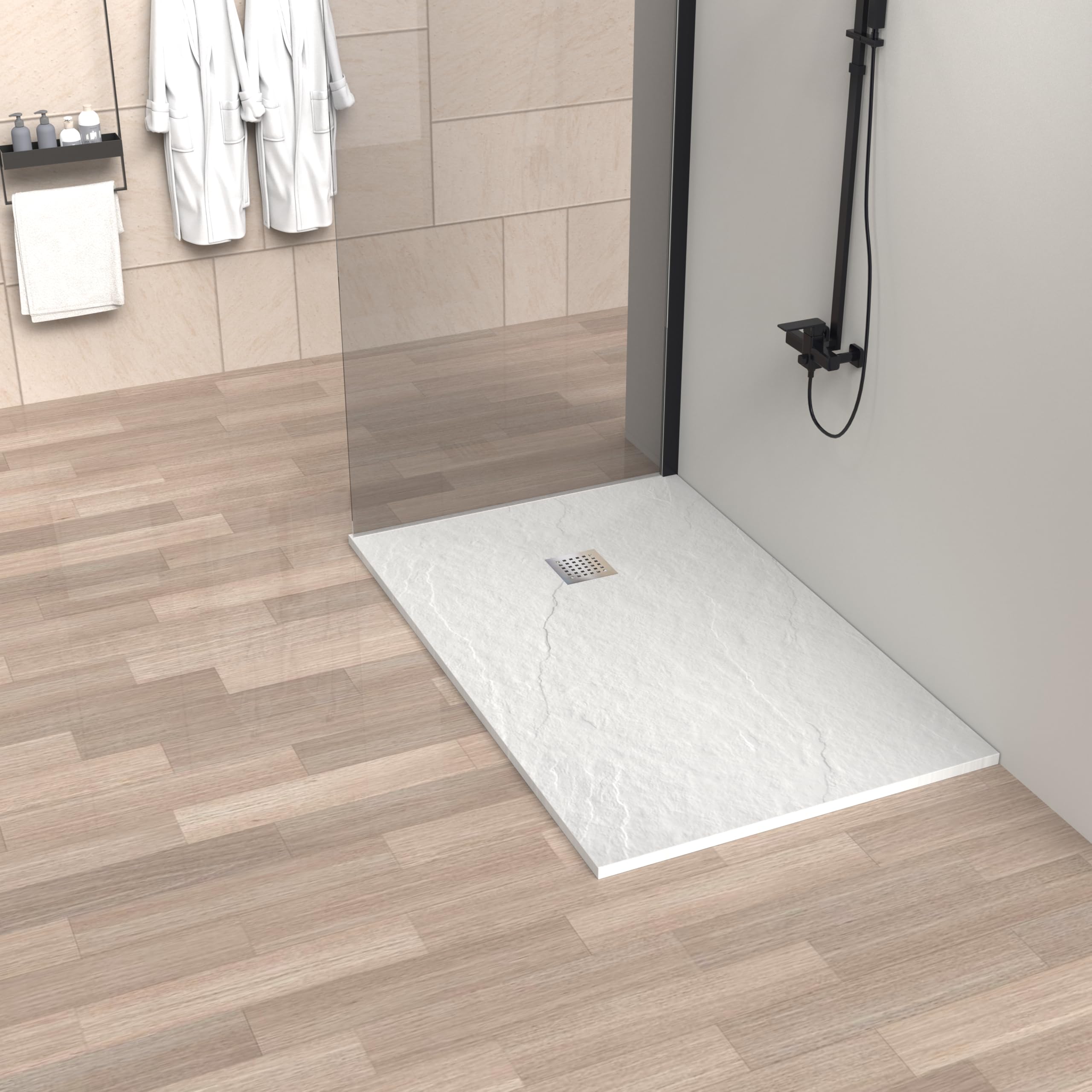 Plato de Ducha Napoles 70x150 cm - Blanco RAL 9003 - Plato Ducha Resina Antideslizante C3 - Resistente y Aligerado - Capa de Gel Coat Antibacteriano - Incluye Rejilla Acero y Válvula