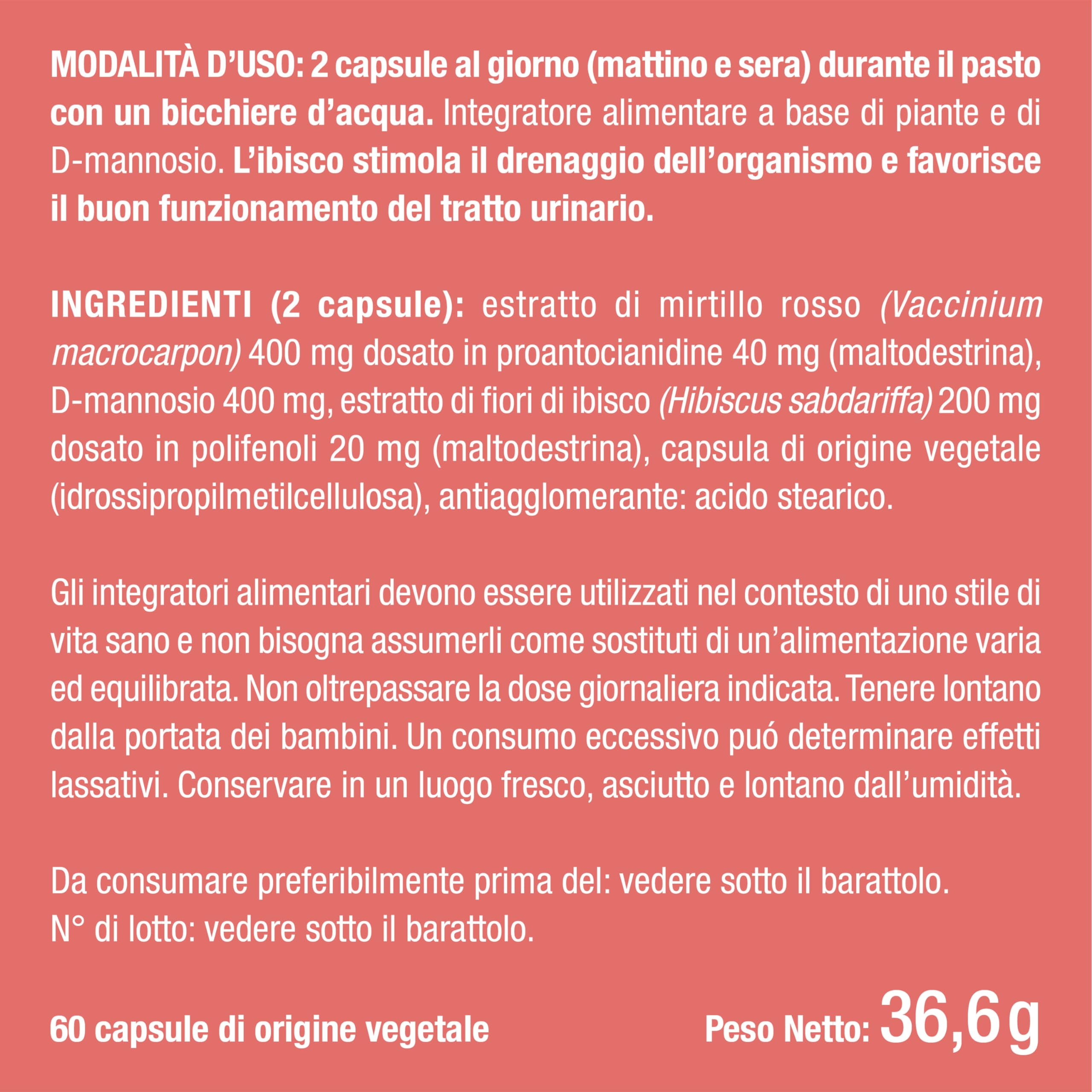 Cysticure | Integratore di D-Mannosio, Mirtillo Rosso e Ibisco | Per Cistite e Infezioni Intime | 100% Naturale | 60 Capsule | Nutrimea