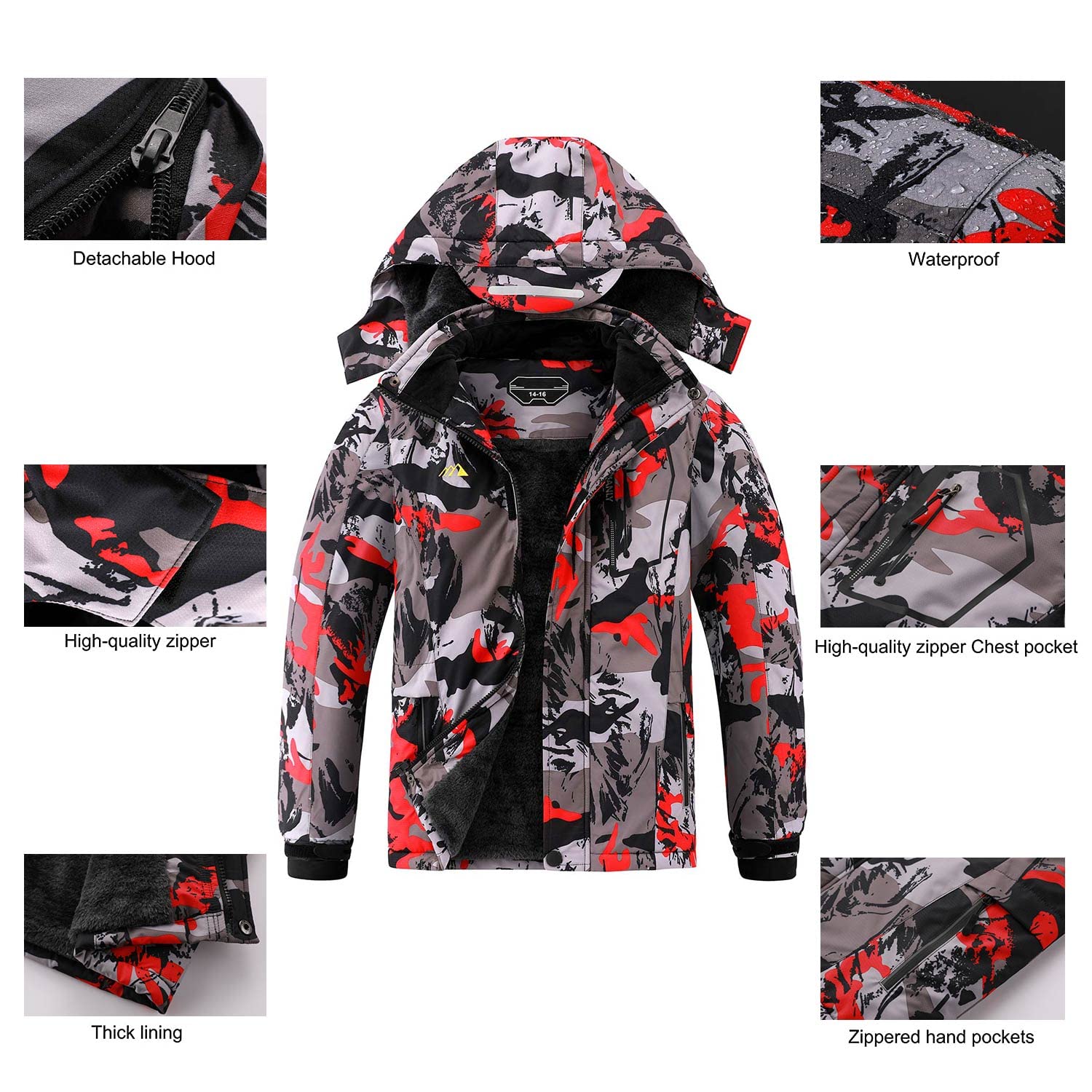 AFILOK Giacca da sci impermeabile traspirante per bambini foderata in pile antivento con cappuccio cappotti da snowboard