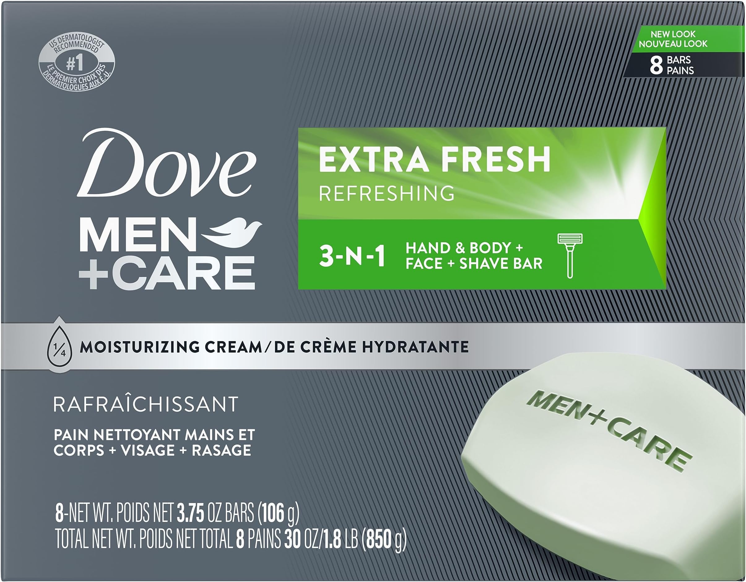 3 in 1 Bar Cleanser for Body, Face, and Shaving Extra Fresh Body and Facial Cleanser More Moisturizing Than Bar Soap to Clean and Hydrate Skin 3.75 Ounce (Pack of 8)