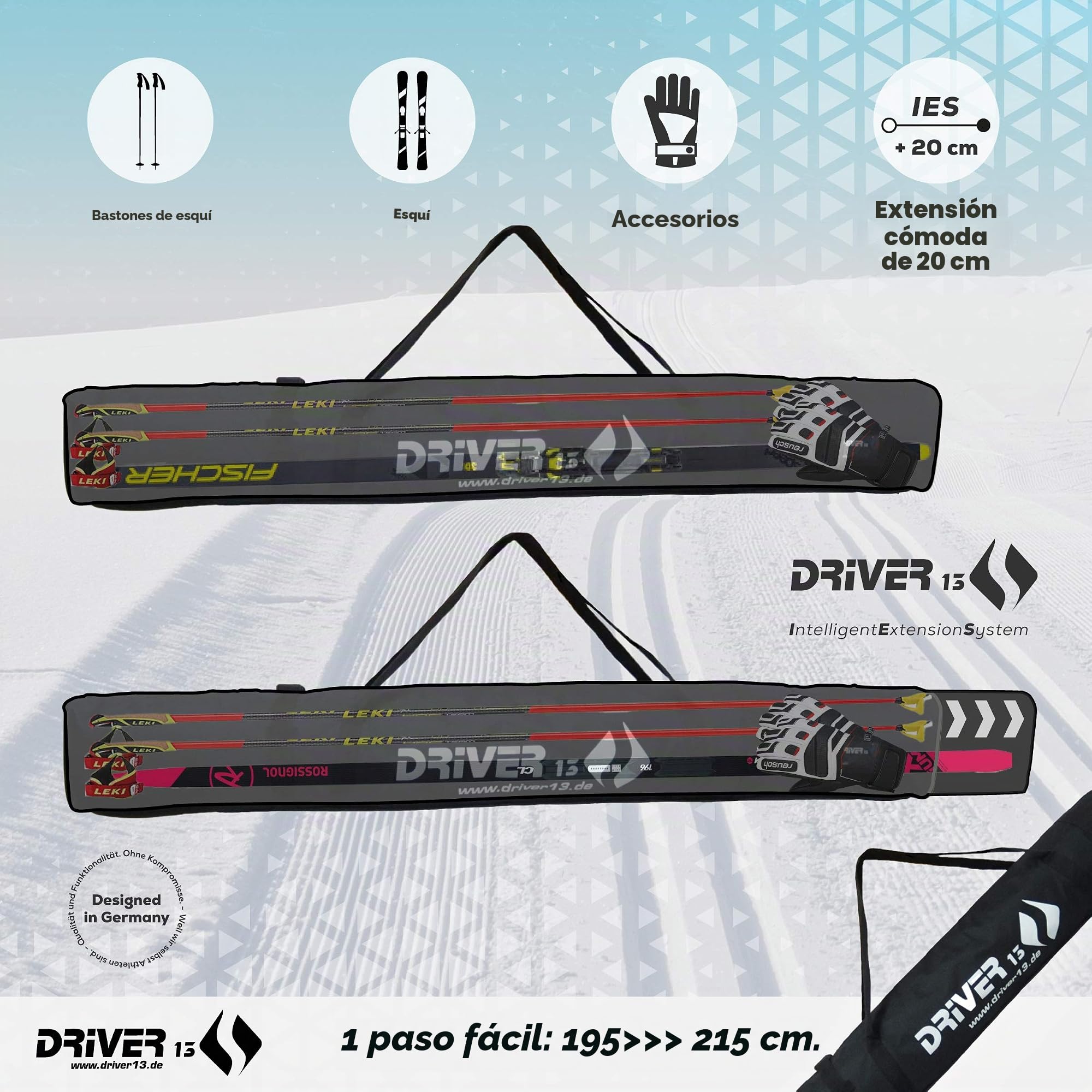 Driver13 Bolsa para esquís de Fondo 195–215 cm Ajustable, Funda para esquís de Fondo y Bastones, Transporte, Negro