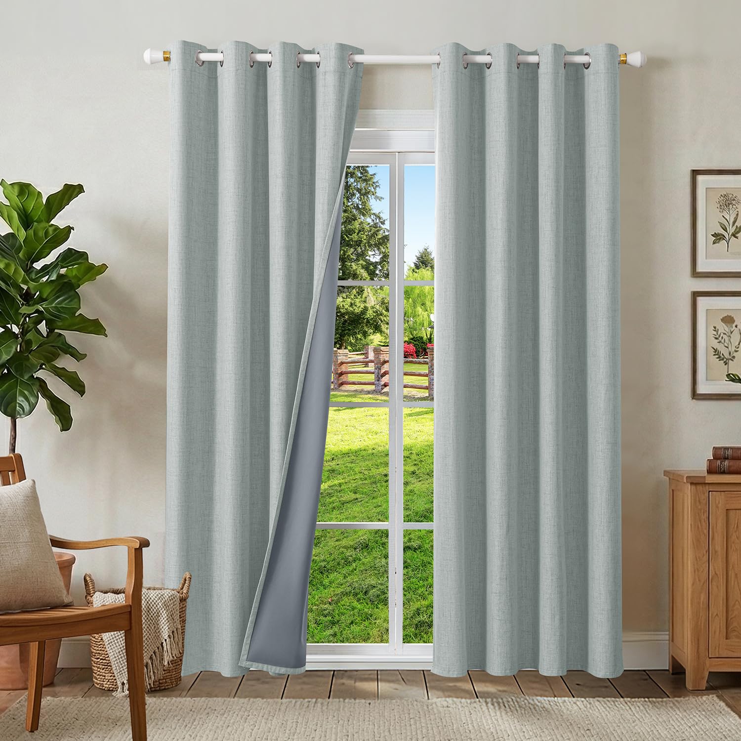 Runyéla 100% Blackout Linen Curtains Eyelet 46 x 72 Inch Drop for Living Room Bedroom Thermal Curtain 2 Panels Sage Green