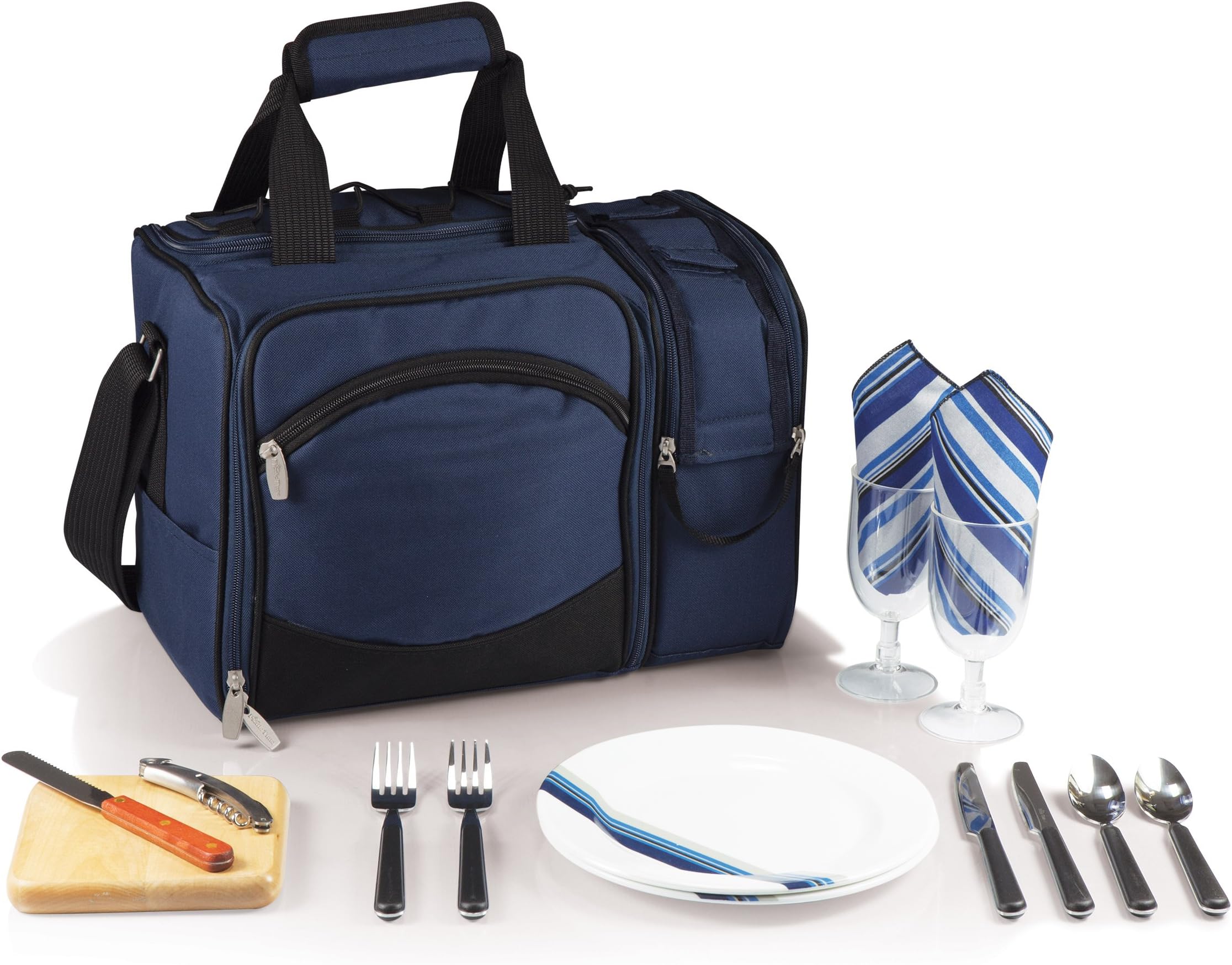 PICNIC TIMEMalibu Cooler Picnic Basket, Insulated Cooler Tote with Picnic Set, (Navy Blue with Black Accents)