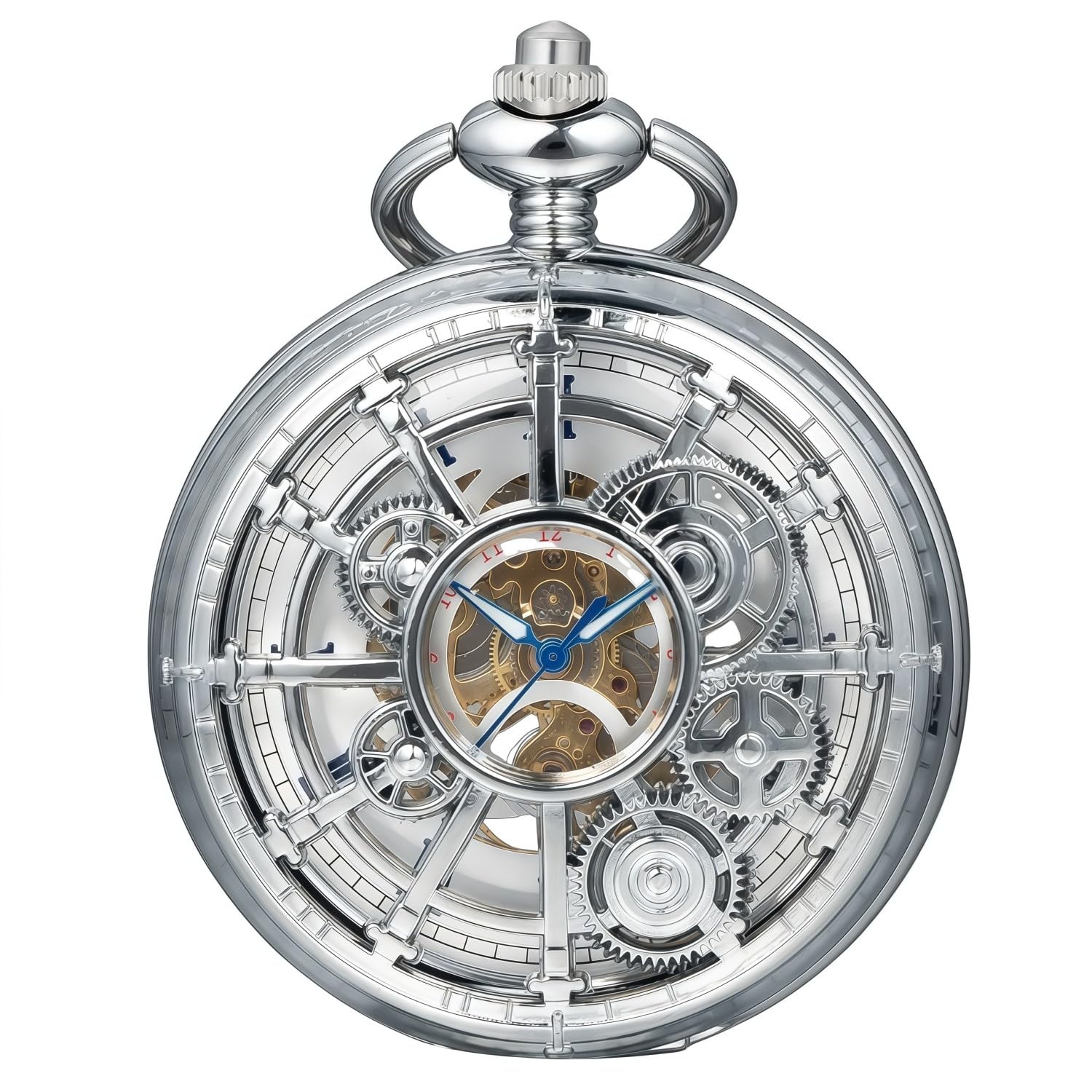 Steampunk Pocket Watch Skeleton Mechanical Gear Hand-Wind Roman Numerals Antique Chain Mens Silver-image-35