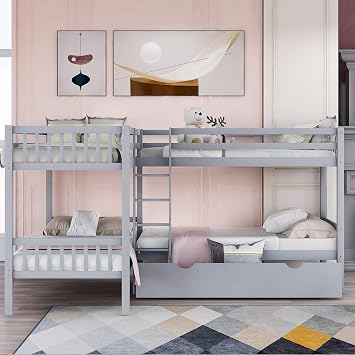 L-Shaped Bunk Beds for 4, Twin Over Twin Bunk Beds with Drawers, Solid Wood Triple Bunk Bed for Kids, Teens, Adults (Gray)