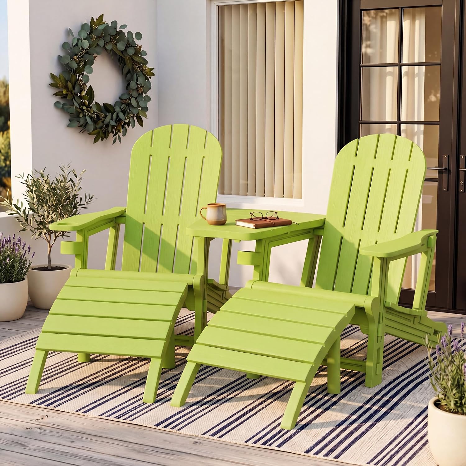 Shintenchi Adirondack Chair Set of 2,HDPE Adirondack Chairs with Umbrella Hole Connecting Tray & 2 Curved Ottoman,Plastic Outdoor Chairs with Cup Holders for Garden Backyard Pool,Green