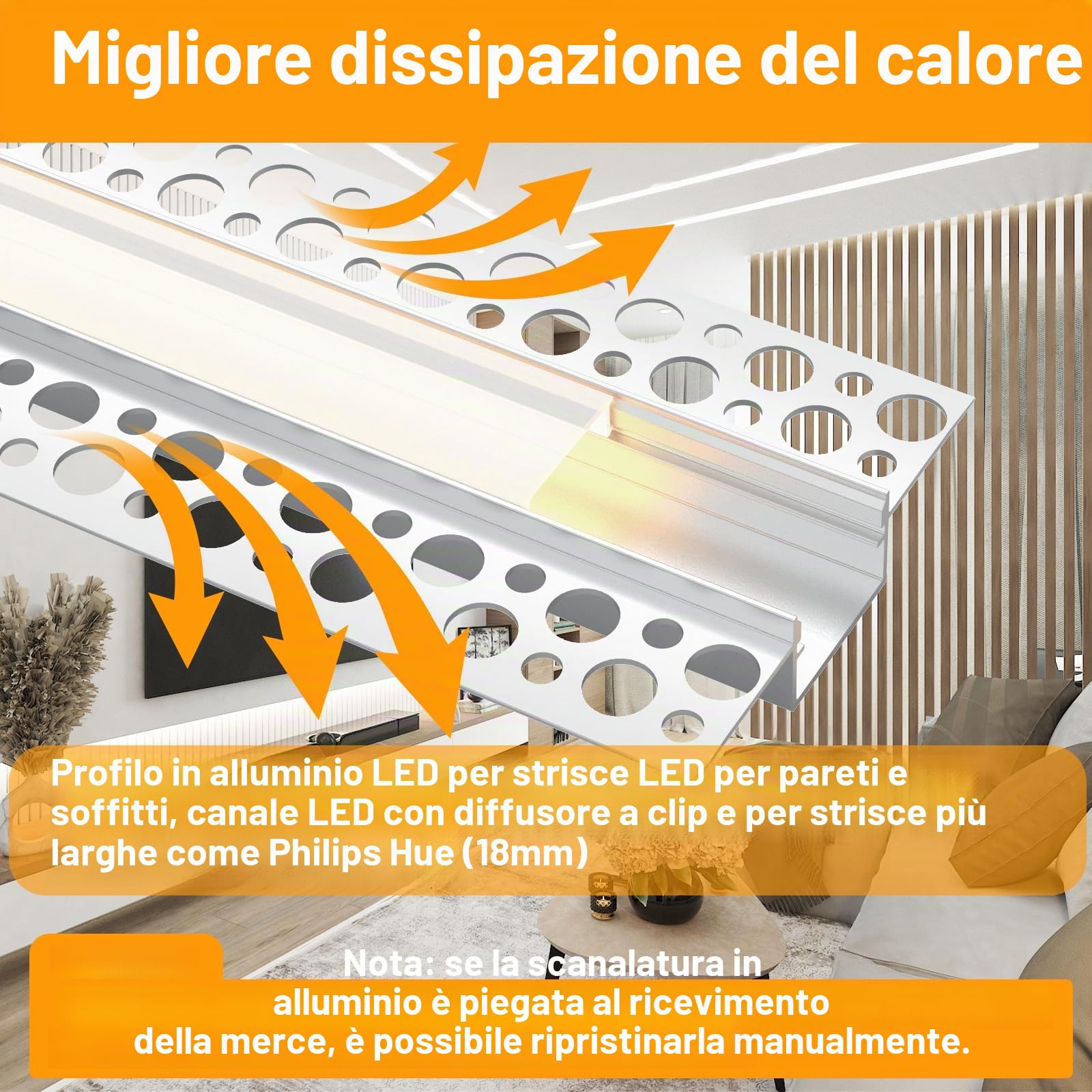Angdarun LED professionale per strisce 18 mm, 6 confezioni 1 metro profilo LED, alluminio, per pareti soffitti, diffusore strisce Philips Hue