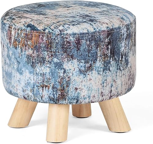 Homebeez Taburete redondo otomano de terciopelo para reposapiés, banco pequeño para zapatos con patas de madera antideslizantes (lienzo colorido)