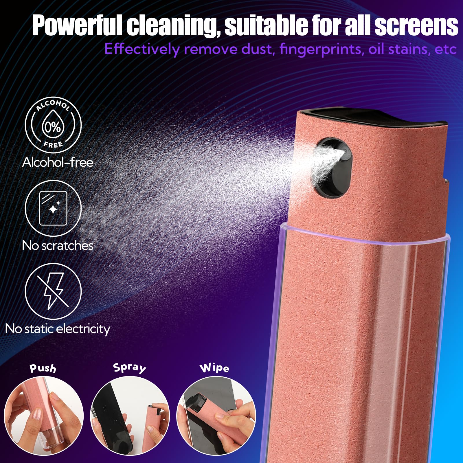 Confezione da 50 pulitori per schermo 3 in 1, spray e salviettina, soluzione di pulizia integrata, per tutti gli schermi di auto, telefono, laptop, iPad, TV, monitor, rosa