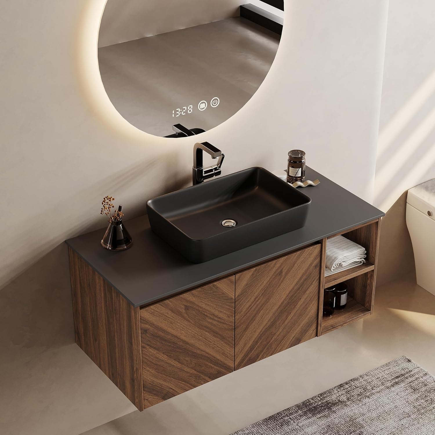 36 Inch Floating Bathroom Vanity with Sink Combo, Modern Wall Mounted Vanity Bathroom Storage Cabinet with Sintered Stone Top Ceramic Basin, Open Shelf