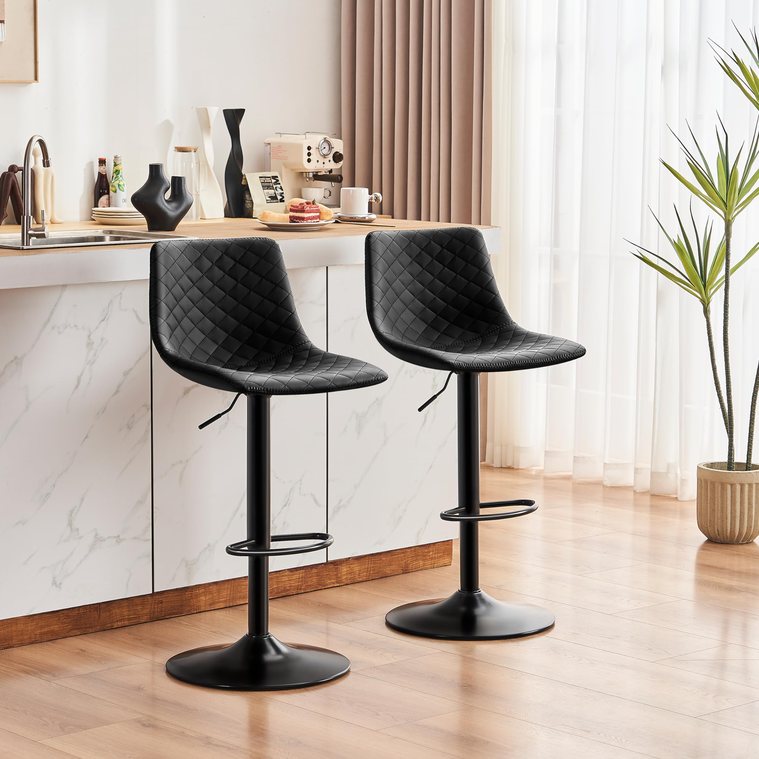 STOOLINK Barhocker 2er Set Höhenverstellbar Barstuhl mit Mikrofaser-Leder, Tresenhocker für Lobby 360° Drehbar Bistrohocker mit Lehne für Wohnzimmer, Esszimmer, Küche-Schwarz