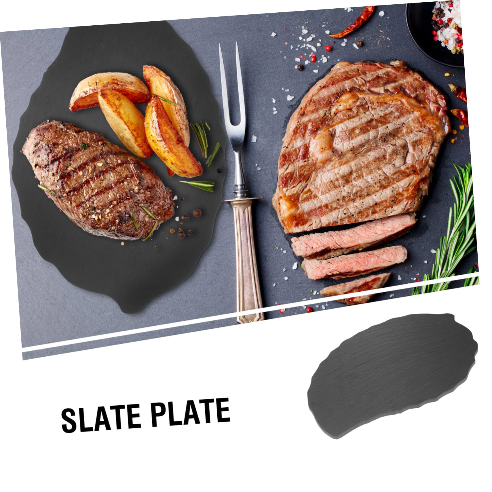 Schwarze Steakplatte aus Kunststoff in Blattförmigem Design zum Anrichten von Speisen im Westlichen Restaurant oder Küche als Exklusiver Servierteller