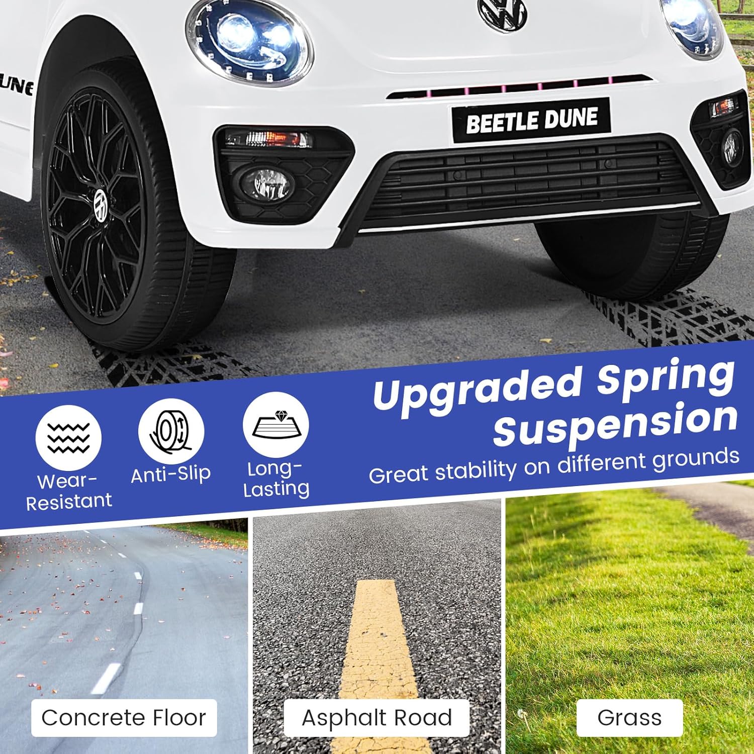 HONEY JOY Ride on Car, 12V Licensed Volkswagen Beetle, Battery Powered Electric Vehicle for Kids, Spring Suspension, Light, Music, 4 Wheeler Ride On Toys w/Remote Control, Gift for Boys Girls (White)