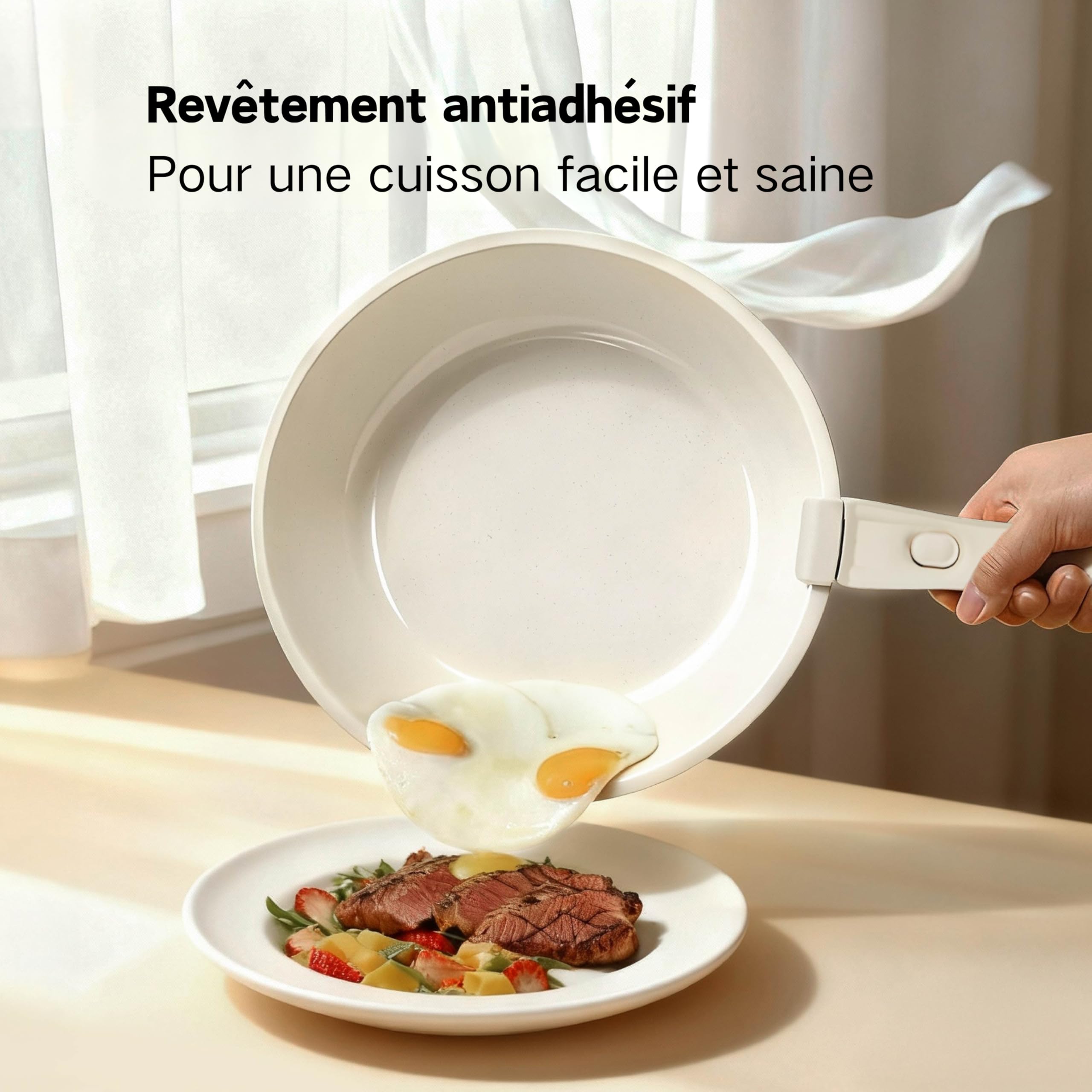 LEADZM Batterie de Cuisine Induction，Casserole Induction，poele，22 Pièces | Set de et en，Casseroles Poêles Céramique Antiadhésif - 22 Pièces avec Poignées Détachables（blanc cassé）