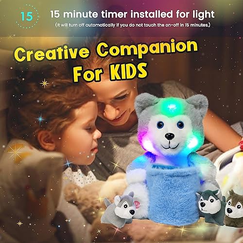 Miniatura 7 de Hopearl Husky de peluche LED con cubo extraíble que ilumina tu mamá y perro con 3 cachorros en la cesta, juego de animales de peluche disquetes,
