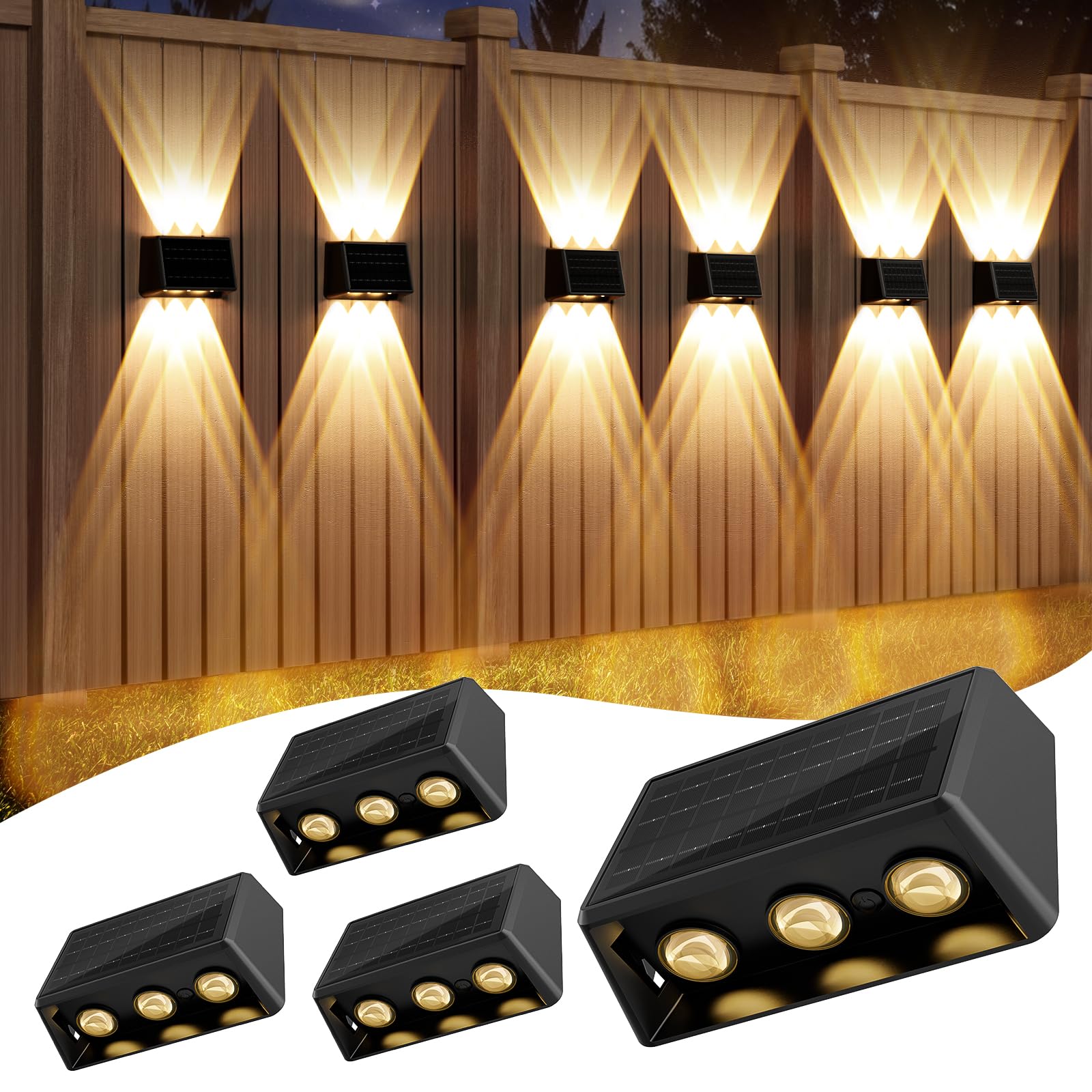 Quntis Solar Wandleuchte Außen 4 Pack 6 LED Solarleuchten Up & Down im Großformat, 13 Farbmodi IP65 Wasserdicht Solarlampen Garten, Warmweiß/Kaltweiß/RGB Zaunbeleuchtung für Terrasse Balkon Zaun Mauer