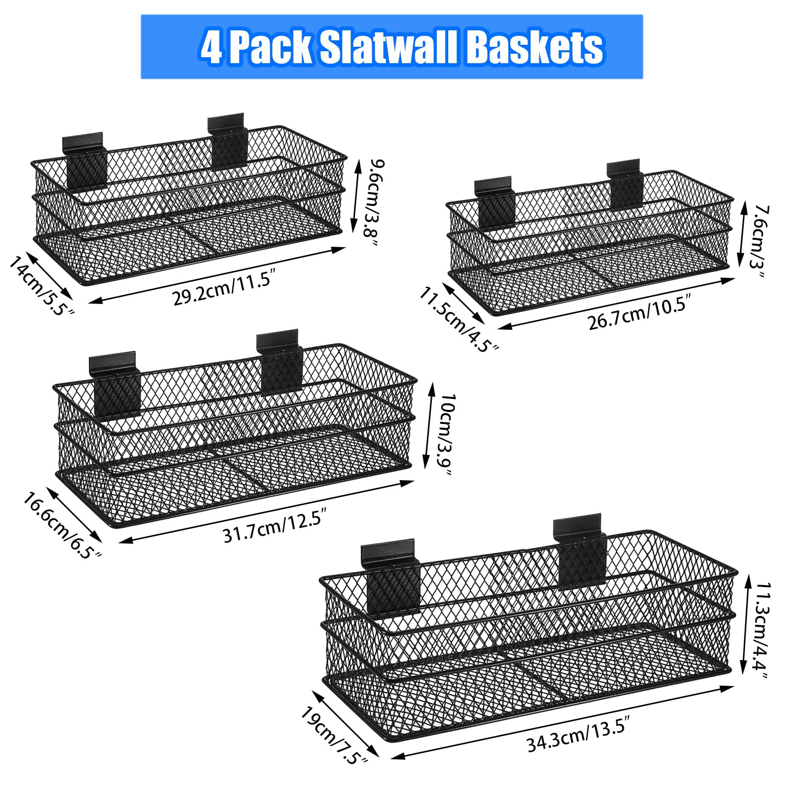 IGNPION Set di 4 cestini portaoggetti in filo metallico, pannelli a doghe in metallo, accessori per garage, cestini portaoggetti multiuso in PVC, con 4 diverse dimensioni