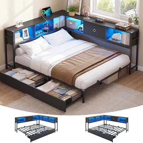 DICTAC Queen Corner Bed Frame with Storage Drawers and Bookcase Headboard,Queen Size Platform Corner Bed Frame with LED Lights and Charging Station,Metal Daybed for Teens & Adult,Saving Space,Black