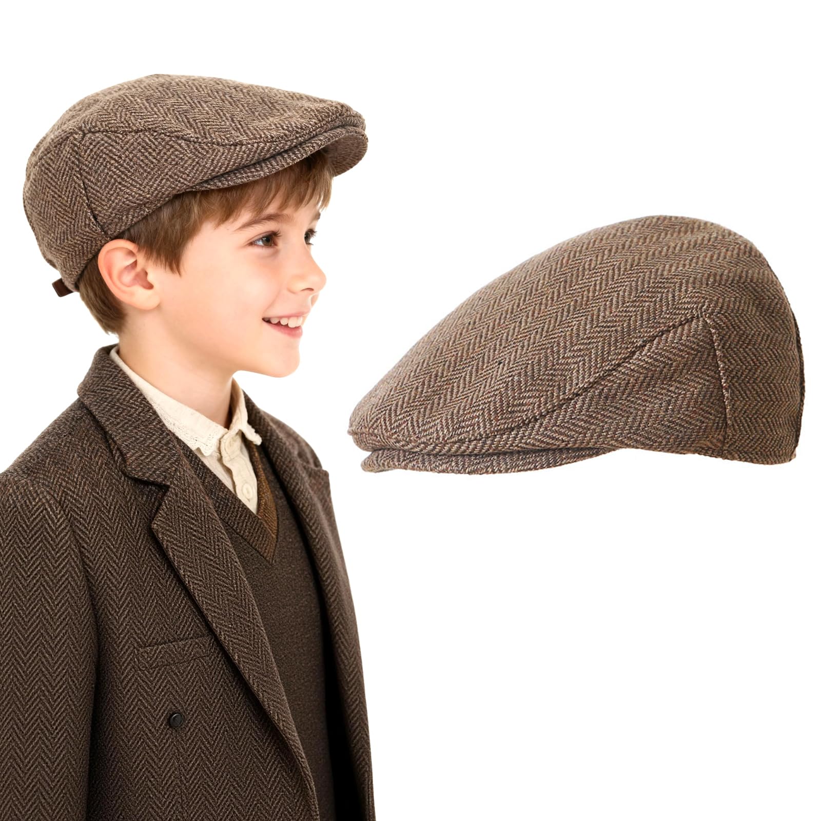 AffeGifts Kids Flat Cap Boys, Ve Day Kids Hat Victorian Costume Boys Vintage Tweed Newsboy Hat for 1940s Evacuee Costume Victorian Day Performance for Boy and Girls (Brown, 2-5 years)