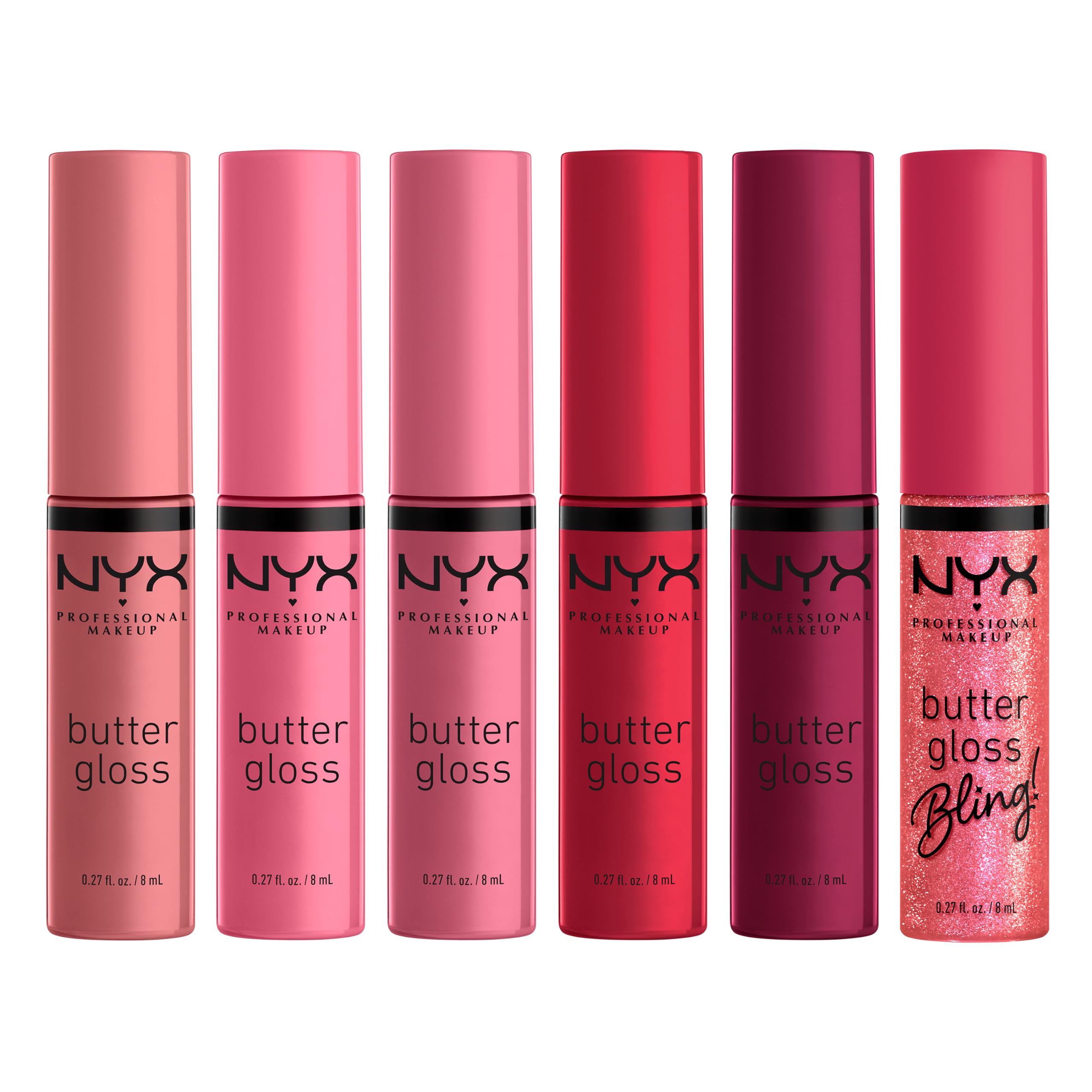NYX Professional Makeup Home Alone Lipglosse in Pizzaschachtel, Mit glänzendem Finish und nicht klebriger Formel, Butter Gloss Pizza Vault, 6 Stück, 5 Pink-/Rottöne und Butter Gloss Bling